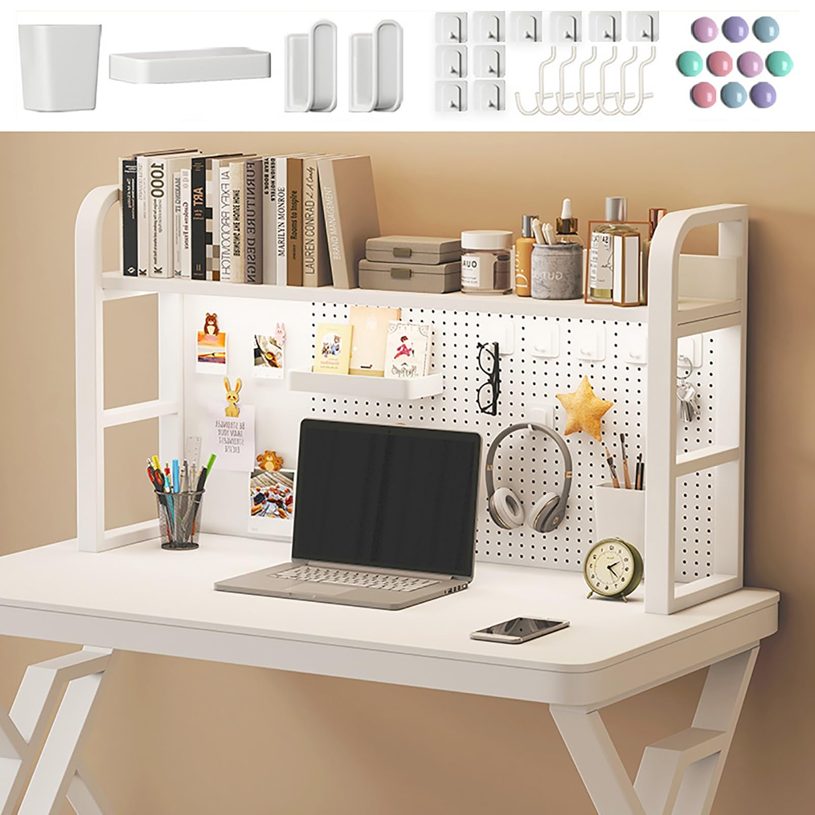 White Metal Peg Board with Hooks - 2 Layer 29 Inch Wall Mount Organizer for Desk, Office, Kitchen & Bedroom Storage | Perfect for Tools, Utensils & Office Supplies Organization