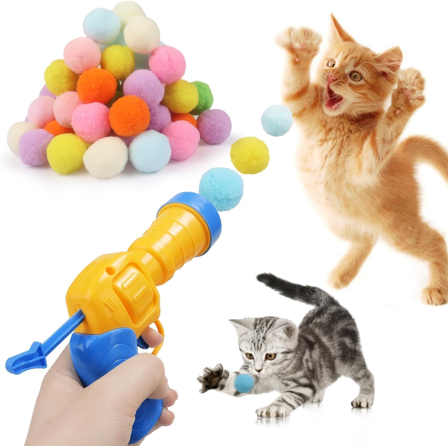 Interactive Cat Toys for Indoor Cats - 100 Pom Pom Balls with Launcher, Self-Play Ball Toy for Kitty Enrichment | Perfect for Playtime, Exercise & Mental Stimulation