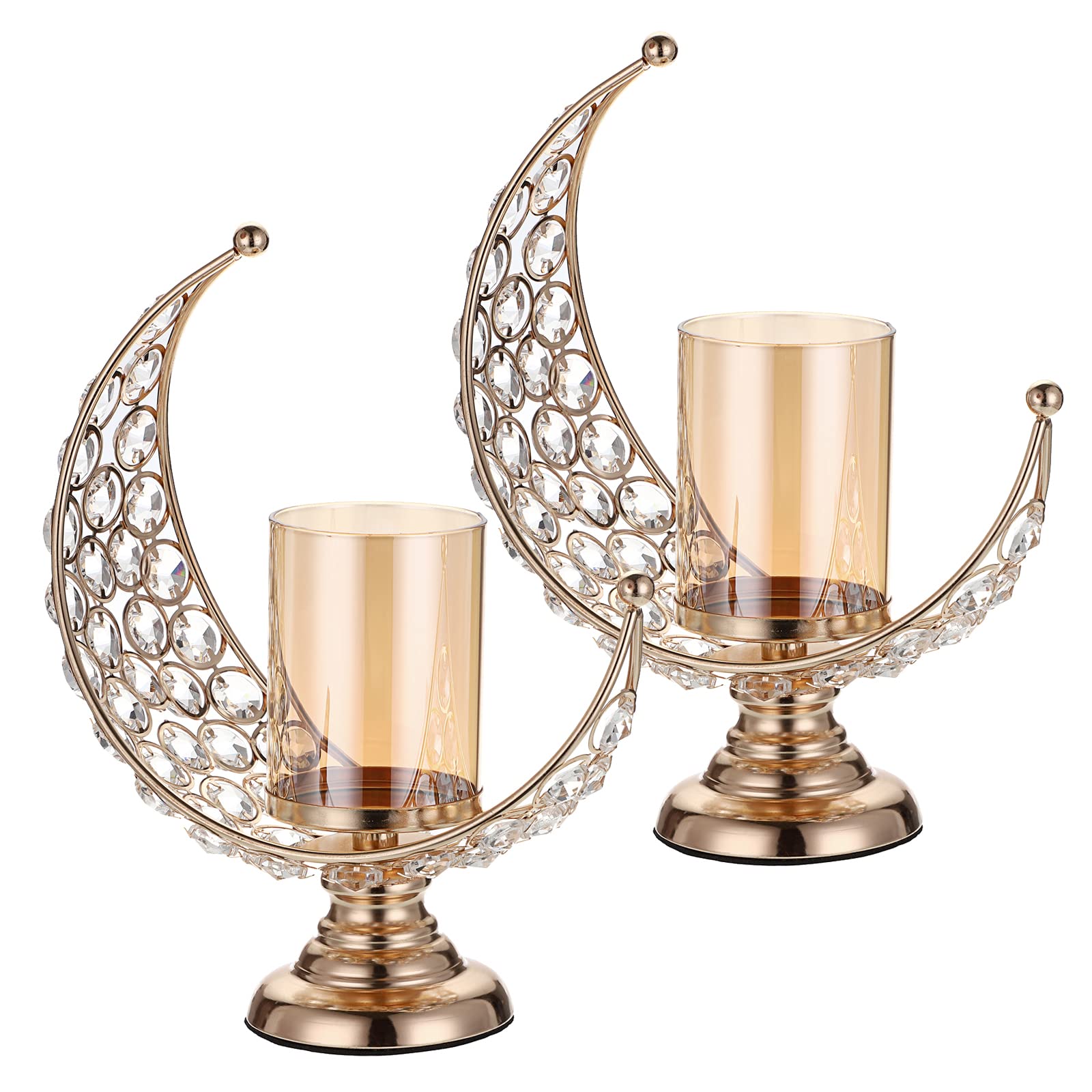 Set of 2 Gold Moon Crystal Pillar Candle Holders with Glass Covers - Elegant Tealight & Votive Candle Stands for Wedding, Home Decor, Table Centerpiece & Romantic Ambiance