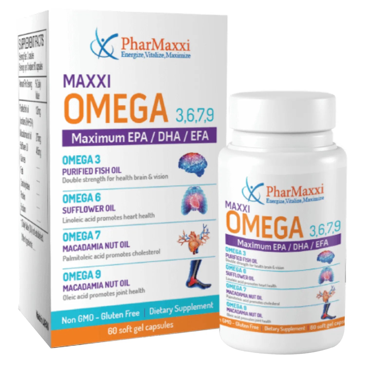 PharMaxxi Omega 3-6-7-9 Fatty Acid Supplement Capsules - 60 Count - Supports Heart, Brain & Joint Health - Ideal for Active Adults & Seniors
