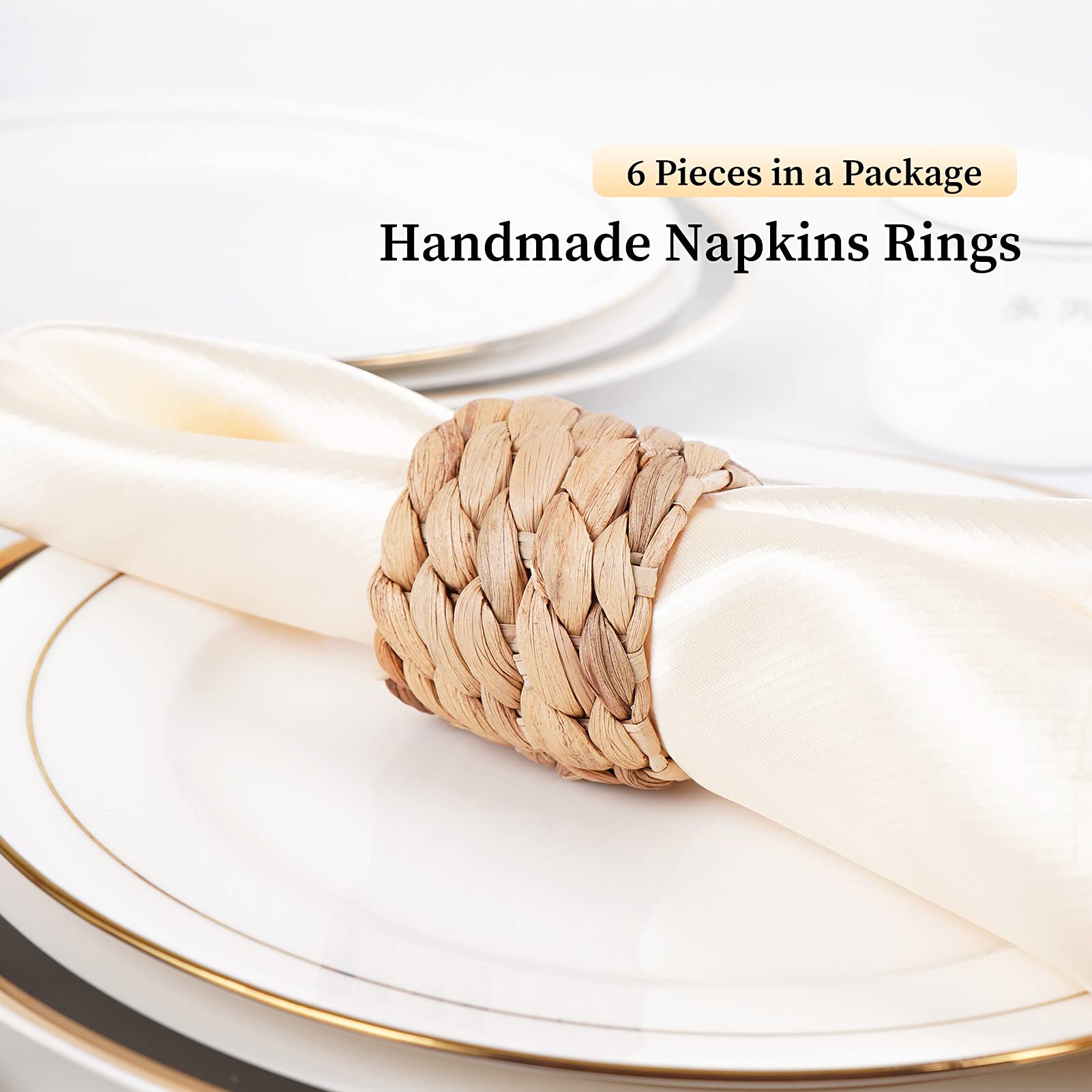 Elegant Set of 6 Handmade Water Hyacinth Napkin Rings - Fall Farmhouse Table Decor for Thanksgiving, Christmas & Weddings - Perfect for Holiday Dining & Special Occasion Table Settings