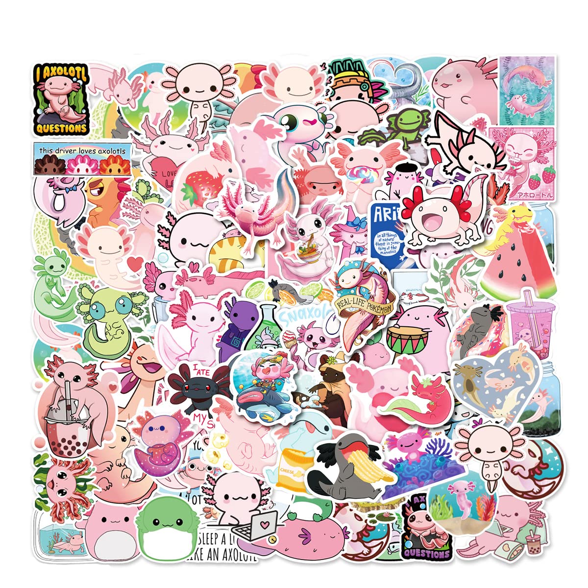 100PCS Cute Axolotl Stickers - Waterproof Vinyl Decals for Water Bottles, Laptops, Skateboards | Aesthetic Computer & Hydro Flask Stickers for Kids, Teens, Girls | Perfect for School, DIY Crafts & Gift Giving