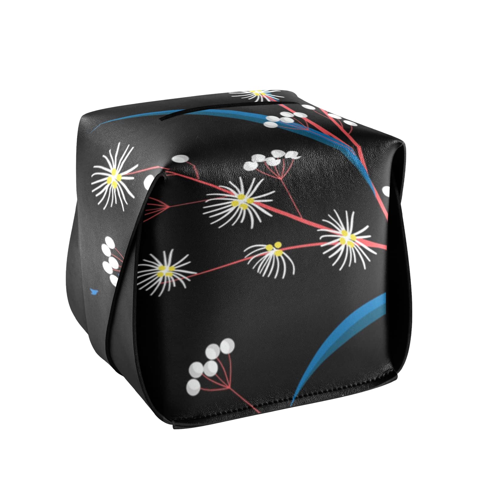 Premium Leather Tissue Box Cover with Handle - Square Dandelion Design Facial Tissue Dispenser for Nightstand, Bathroom Vanity, Office Desk & Bedroom Decor - Home & Office Organization Essential
