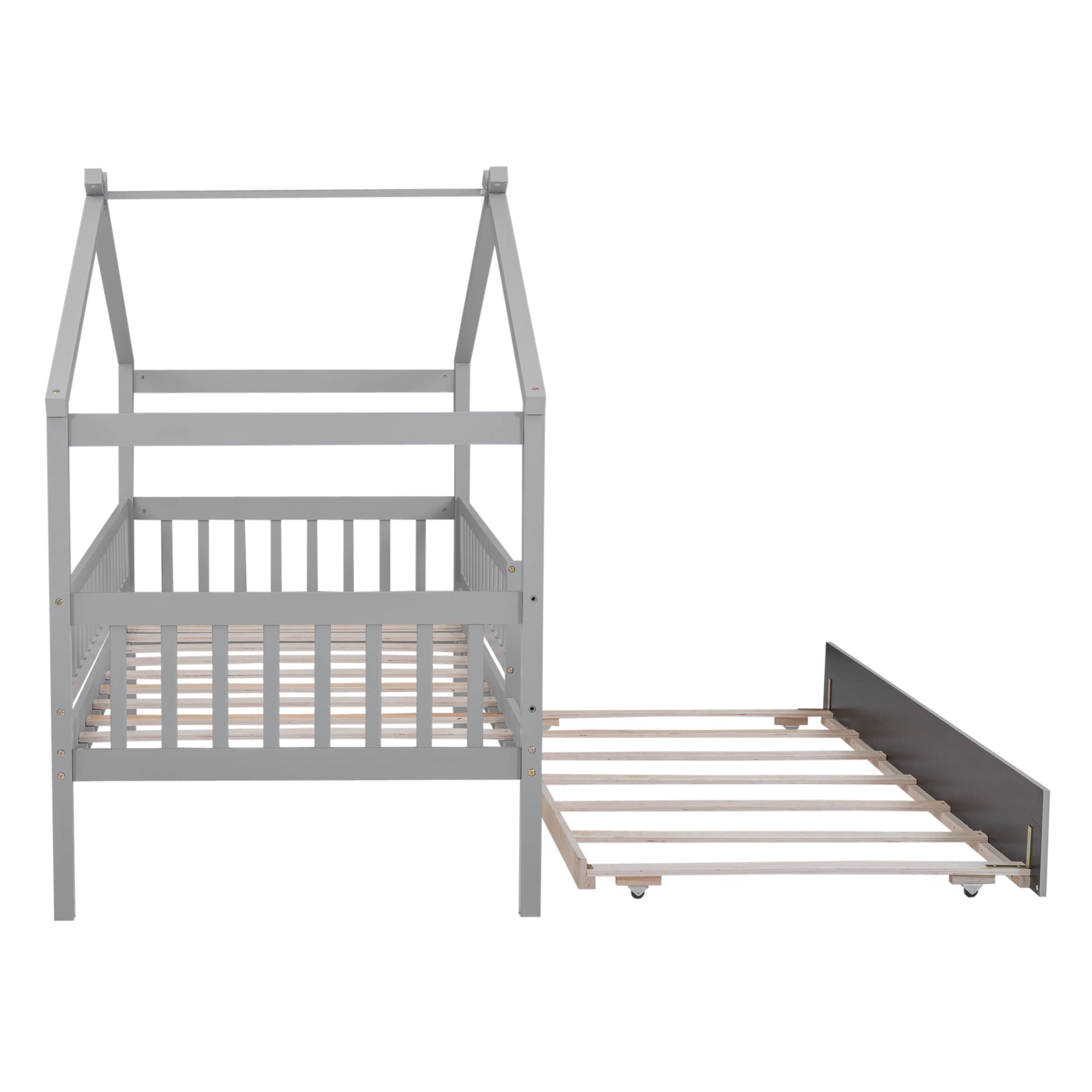 Twin House Bed with Trundle - Wooden Playhouse Bed Frame with Safety Rails & Roof Tent for Kids & Teens | Montessori Style Twin Size Platform Bed for Boys & Girls | No Box Spring Needed | Perfect for Bedroom, Playroom & Sleepovers (Gray)