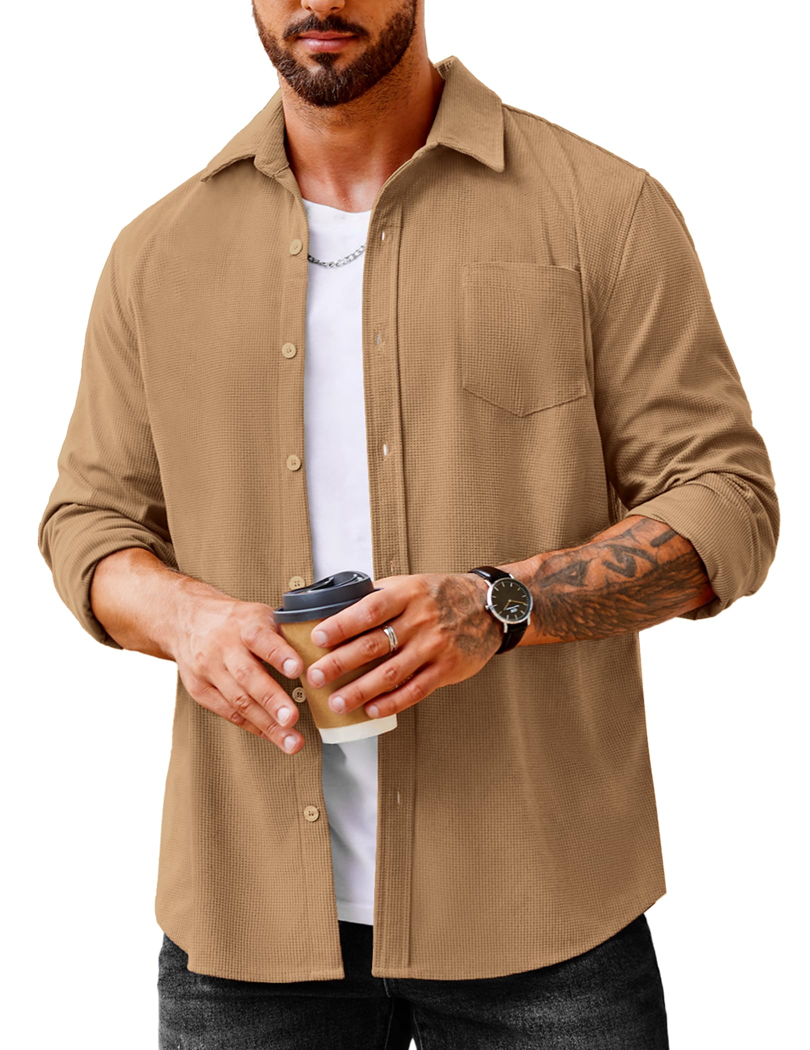COOFANDY Men's Waffle Knit Button Down Shirt Jacket - Casual Long Sleeve Shacket with Chest Pockets | Perfect for Fall Layering, Outdoor Adventures & Streetwear Fashion