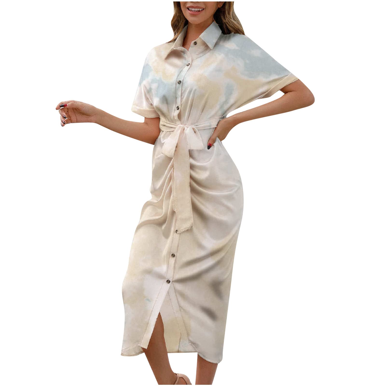 Women's Summer Tie Dye Maxi Dress - Slim Fit Button Down Short Sleeve Sexy Long Midi Dress with Belt - Perfect for Beach Vacation, Date Night & Casual Outings