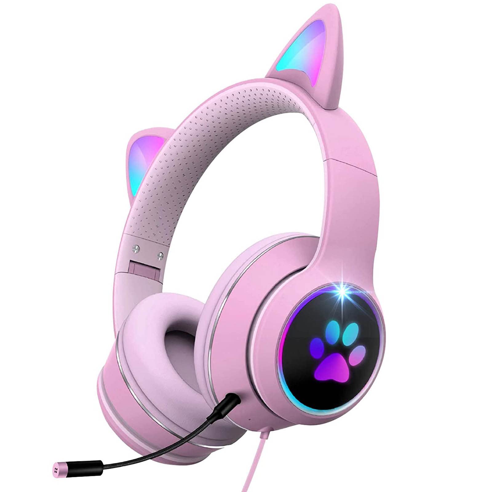 Atrasee Stereo Gaming Headset with Microphone - Wired Cat Ear Headphones for PS5, PS4, Xbox One, Nintendo Switch & PC - Noise Cancelling Over-Ear Headphones with Surround Bass & Soft Earmuffs - Perfect for Girls, Kids & Gamers - Great for Gaming, Streaming & Online Classes (Pink)