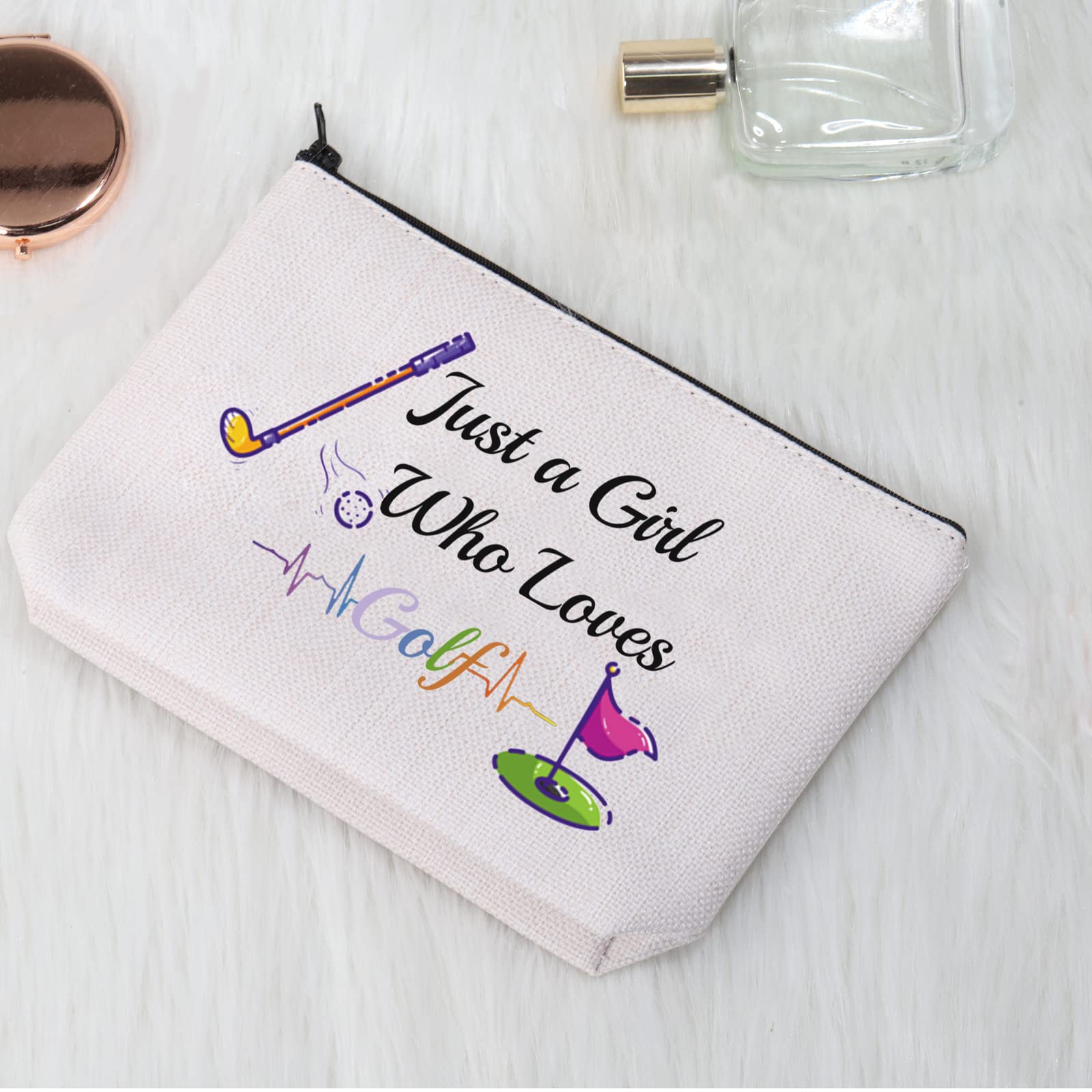 Just a Girl Who Loves Golf Cosmetic Makeup Bag - Golf Lovers Gift for Women - Waterproof Travel Toiletry Organizer Case - Perfect Golf Player Accessories & Golfer Gifts for Tournaments, Travel, and Gym