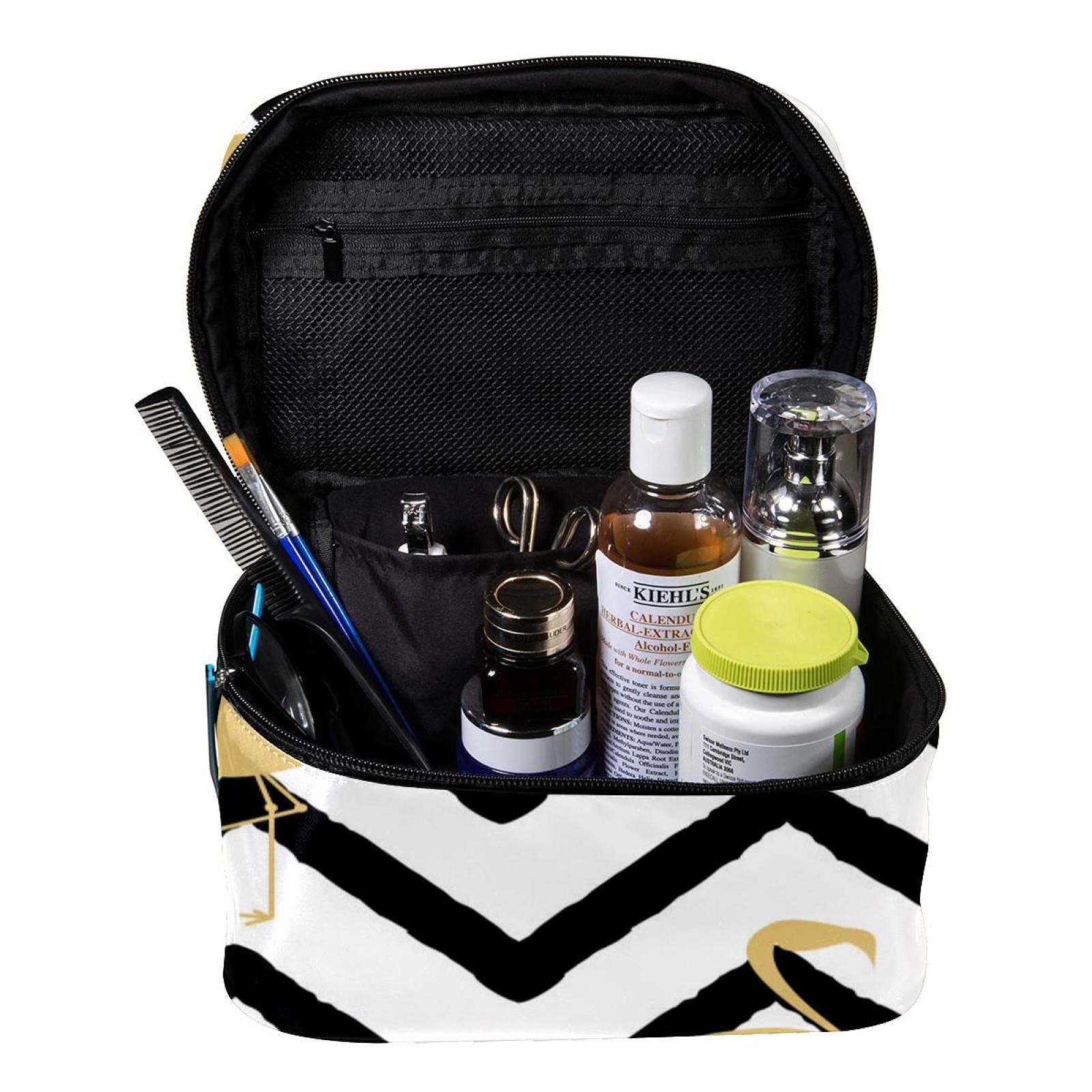 Gold Flamingo & Chevron Zigzag Travel Makeup Bag - Large Cosmetic Organizer with Zipper, Waterproof Toiletry Bag for Women & Girls | Perfect for Travel, Gym, Beach & Daily Essentials Storage