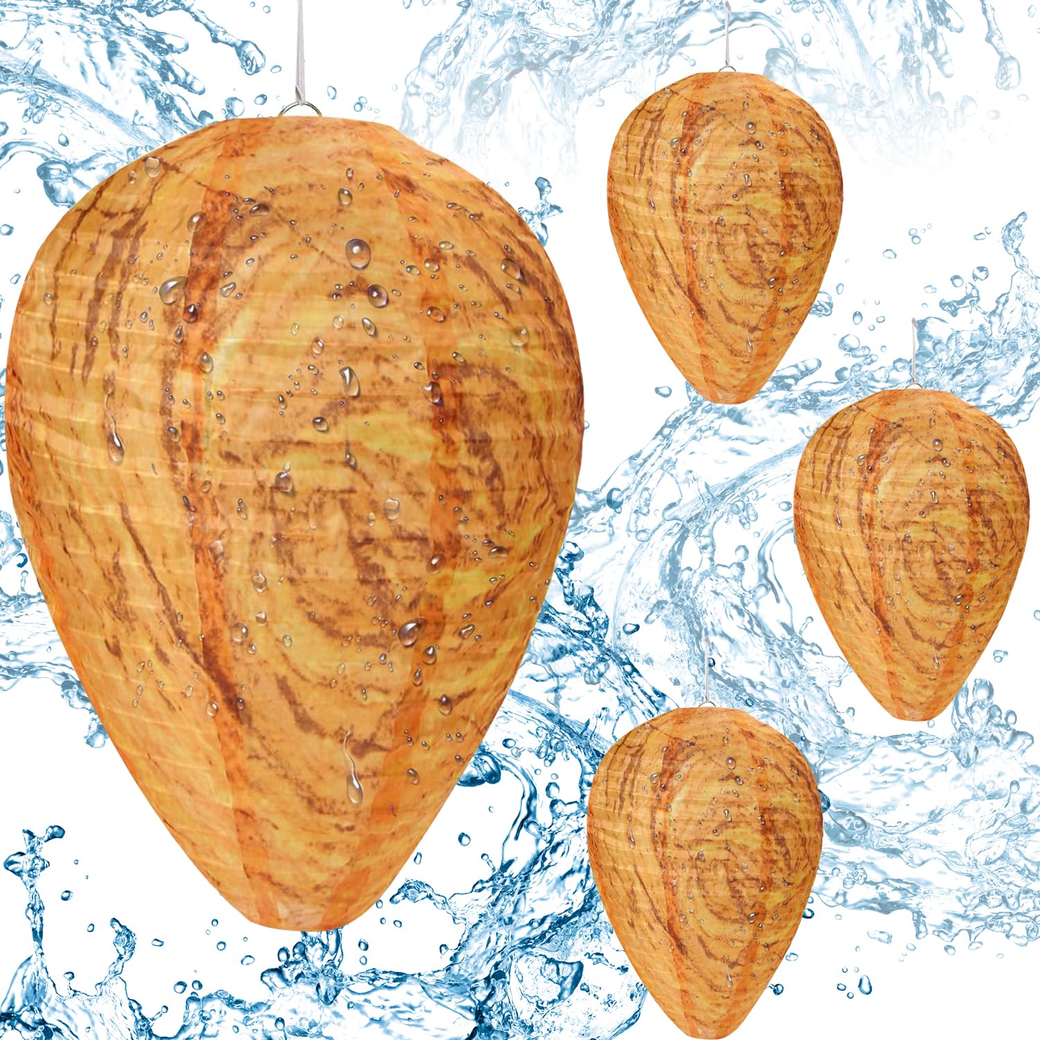 4 Pack Fake Wasp Nest Decoy - Outdoor Waterproof Wasp Deterrent - Hanging Hornet Nest Replica for Patio, Backyard, Garden - Natural Wasp Repellent for Home & Outdoor Areas (Orange) - Perfect for BBQ Parties, Camping and Outdoor Dining Protection