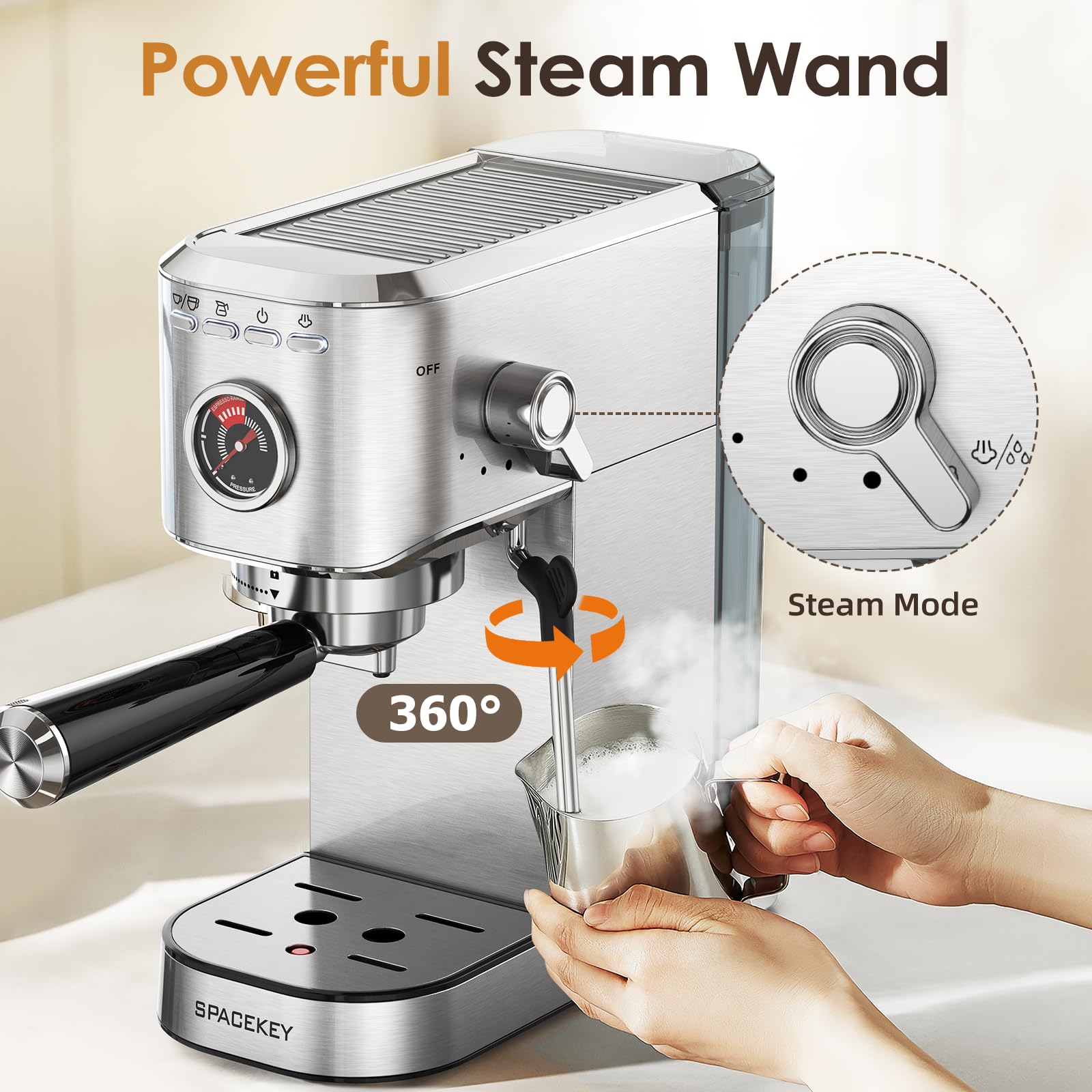 Spacekey 20 Bar Espresso Machine with Milk Frother - 1350W Professional Coffee Maker for Cappuccino, Latte & Americano - Compact Stainless Steel Design with 39oz Removable Water Tank (Silver) - Perfect for Home, Office or Coffee Shop Use