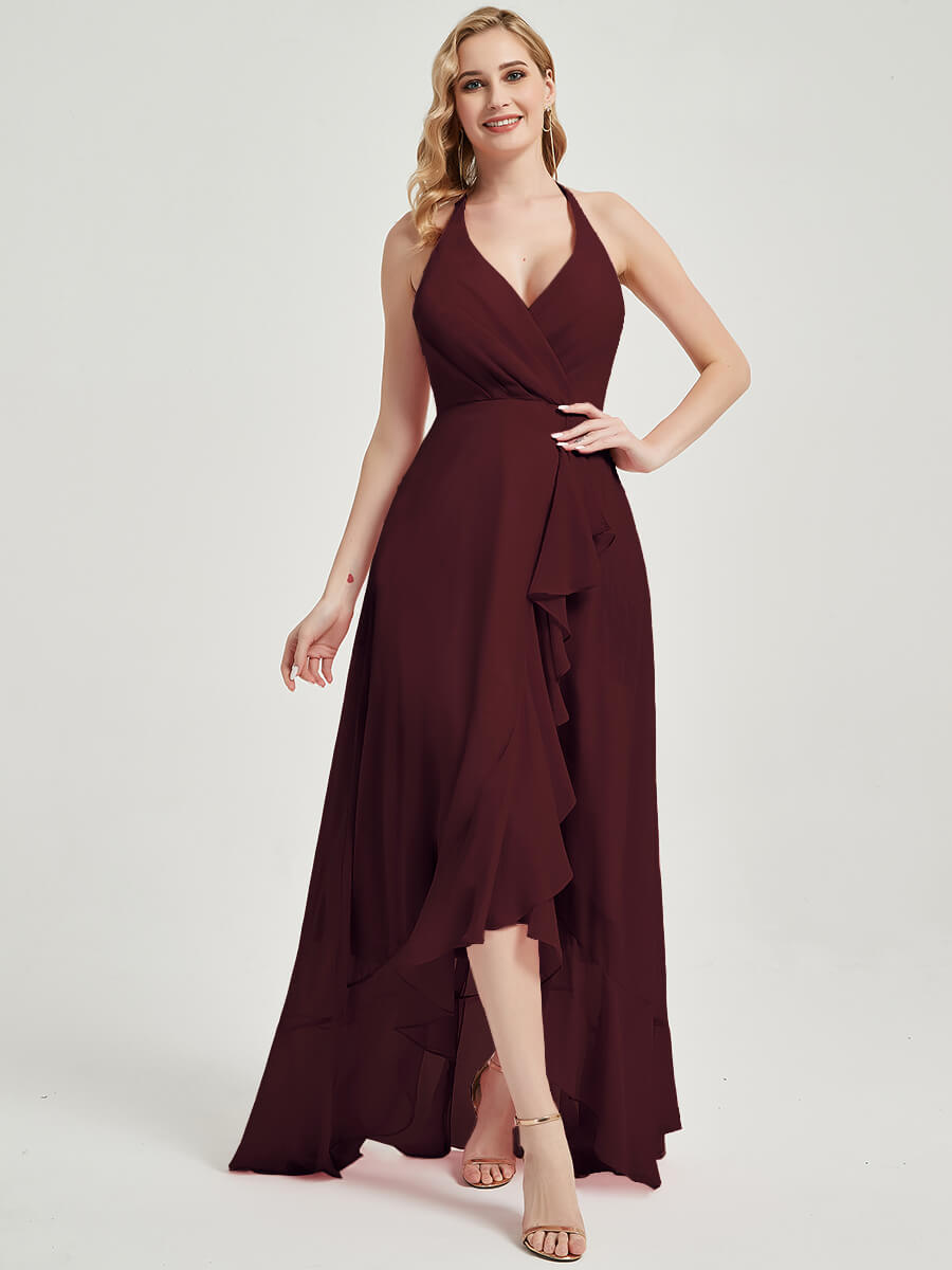 Burgundy Halter V-Neck Backless High-Low Maxi Chiffon Bridesmaid Dress for Wedding Party, Formal Events & Evening Occasions