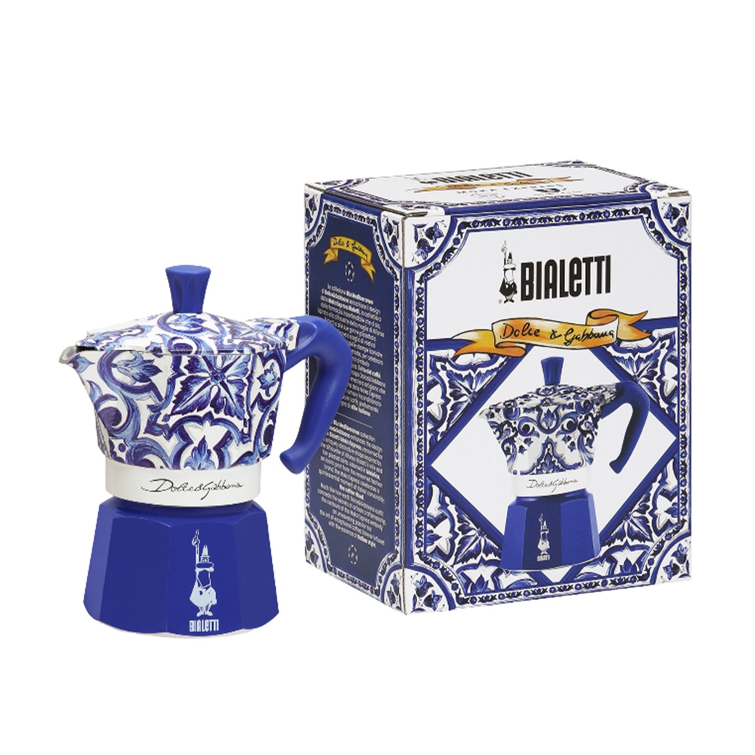 Bialetti Dolce&Gabbana Moka Express 3-Cup Stovetop Espresso Maker in Mediterranean Blue - Perfect for Home Coffee Brewing & Italian Style Espresso Making