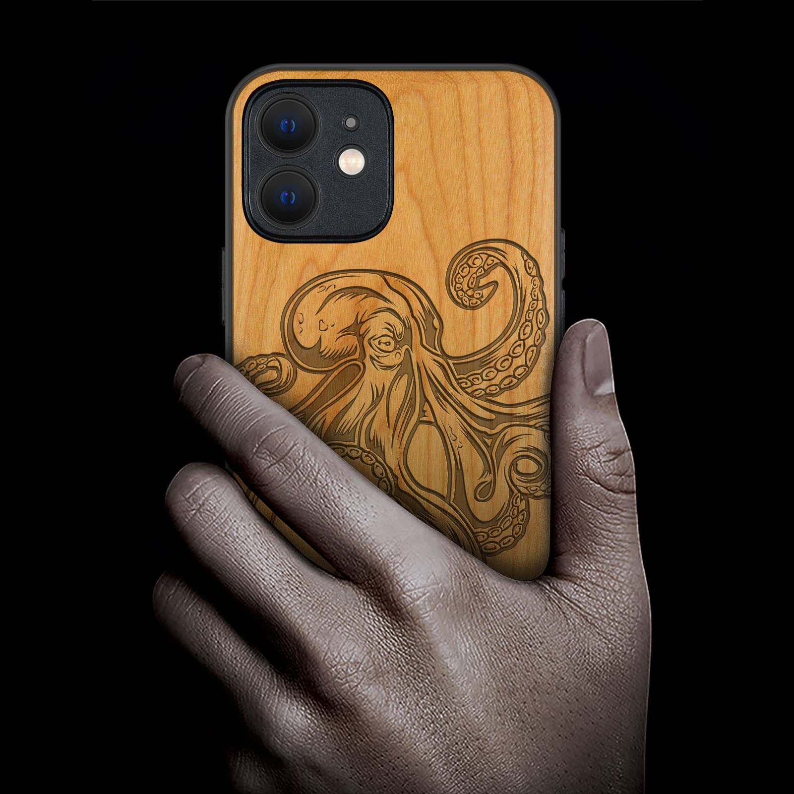 Carveit Magnetic Wood Case for iPhone 12 Mini - Natural Cherry Wood & Black TPU Shockproof Protective Cover - MagSafe Compatible - Unique Octopus Design - Perfect for Business, Travel & Everyday Use
