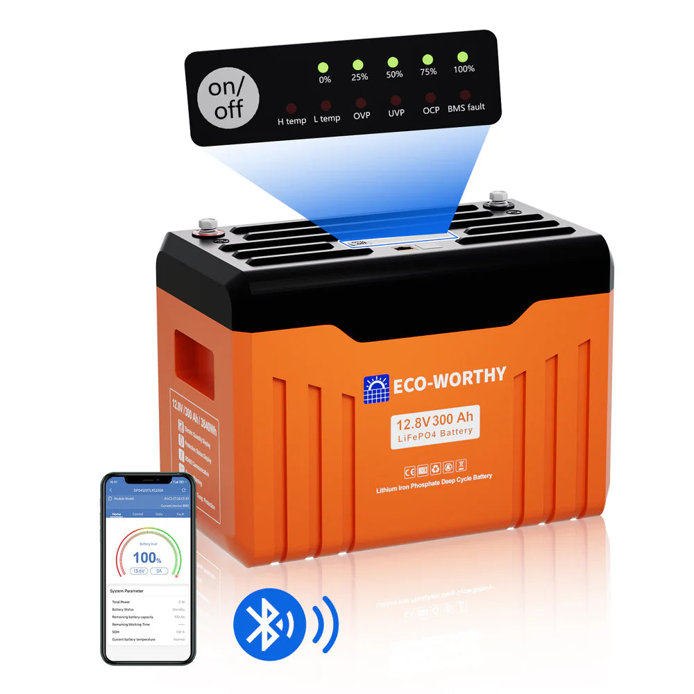 ECO WORTHY 12V 300AH LiFePO4 Lithium Battery with Bluetooth, SOC LEDs & Low Temp Protection - Perfect for Solar Power Systems, RVs, Marine & Off-Grid Applications