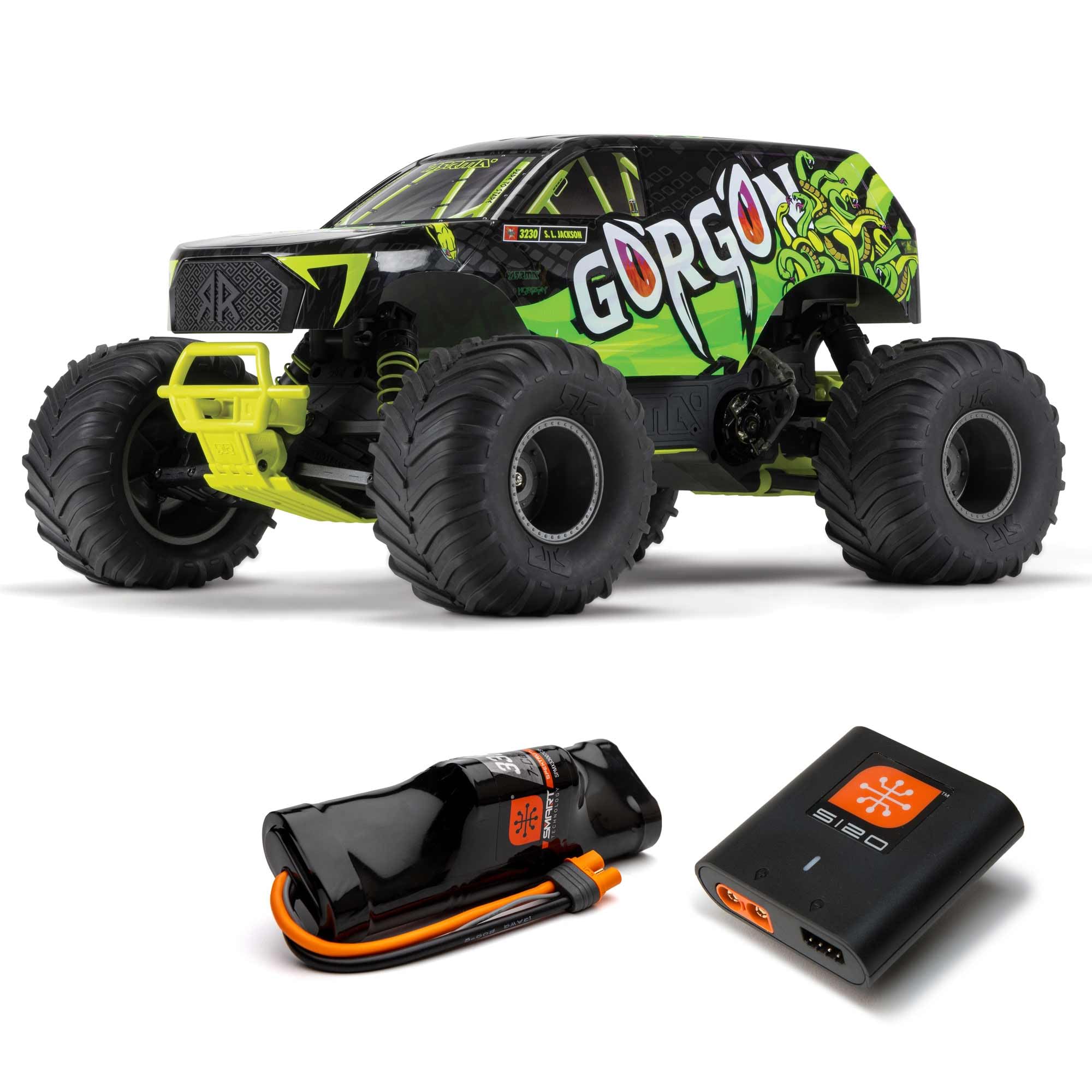 ARRMA Gorgon 1/10 Scale 2WD Monster Truck RTR (Ready-to-Run) with Battery & Charger - Smart 3300 7C S120 USB - Yellow ARA3230ST1 - Perfect for Off-Road Bashing, Backyard Racing & RC Hobby Enthusiasts