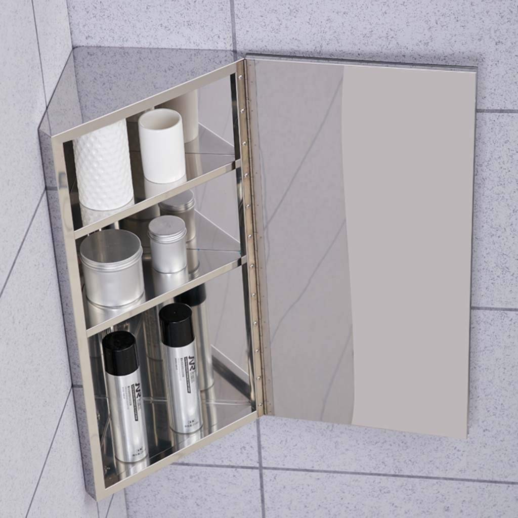 Corner Mirror Cabinet for Bathroom - Stainless Steel Triangle Wall Cabinet with 3-Tier Storage, Silver (36x60x19cm) - Perfect for Small Bathrooms, Powder Rooms & Vanity Areas