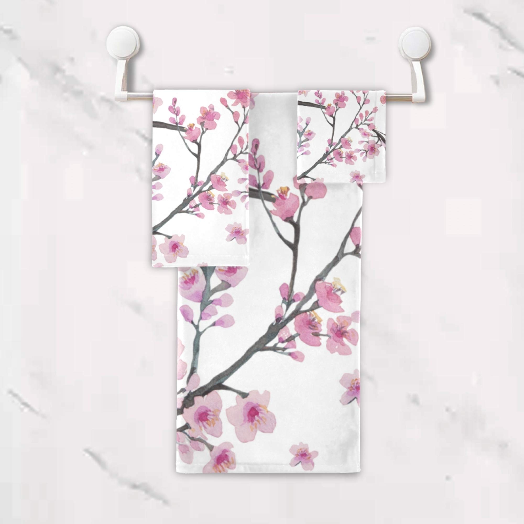 Premium 3-Piece Pink Cherry Blossom Bath Towel Set - 1 Bath Towel, 1 Hand Towel & 1 Washcloth | Ultra Soft, Quick Drying & Highly Absorbent Floral Print Towels for Bathroom, Spa & Guest Use | Watercolor Design Luxury Towel Collection