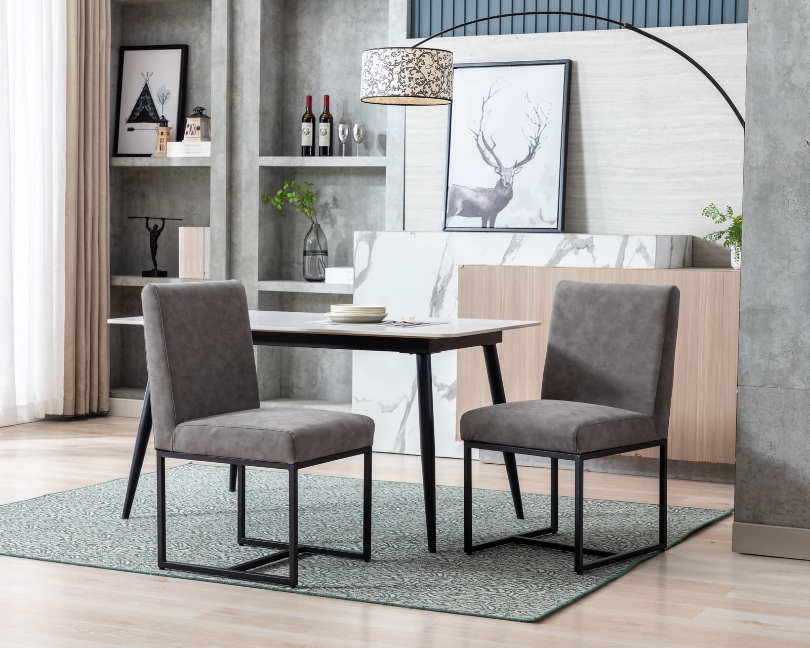 CIMOTA Modern Dining Chairs Set of 2 - Mid Century Leather Upholstered Armless Side Chairs with Black Metal Base - Vintage Grey Kitchen & Dining Room Furniture for Home Decor, Entertaining Guests