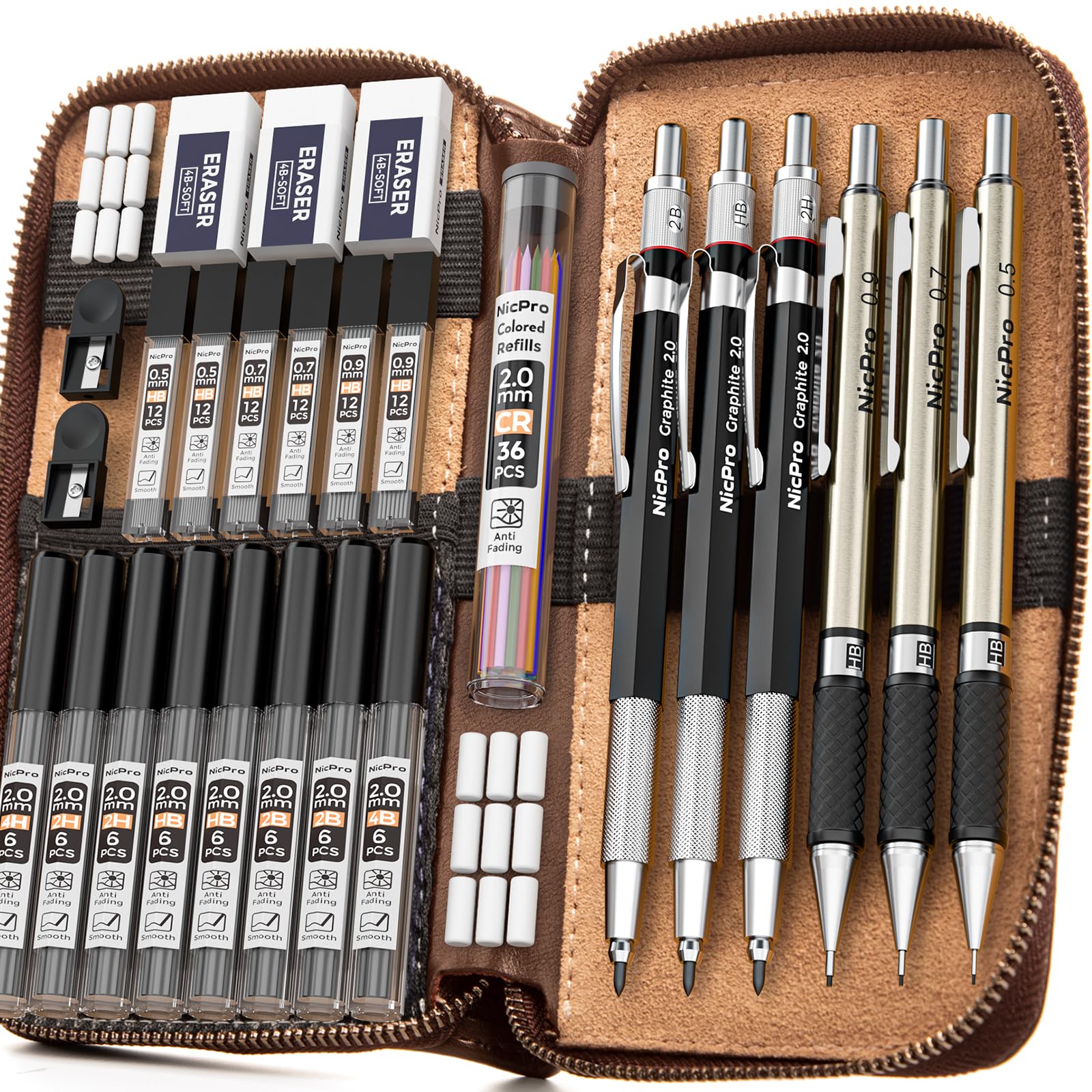 Nicpro 30-Piece Professional Mechanical Pencil Set with Leather Case - 0.5mm, 0.7mm, 0.9mm Metal Drafting Pencils & 2mm Lead Holders for Artists, Architects, Engineers - Includes 16 Tubes of 6B to 4H Graphite Refills - Perfect for Sketching, Drawing, Drafting & Technical Design