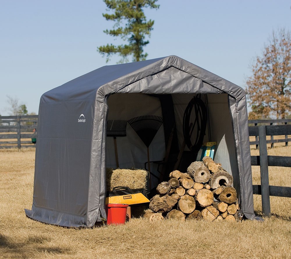 ShelterLogic 10' x 10' All-Season Steel Metal Storage Shed with Waterproof Cover - Heavy Duty Reusable Auger Anchors, Grey - Perfect for Backyard, Garden, Patio & Outdoor Equipment Storage