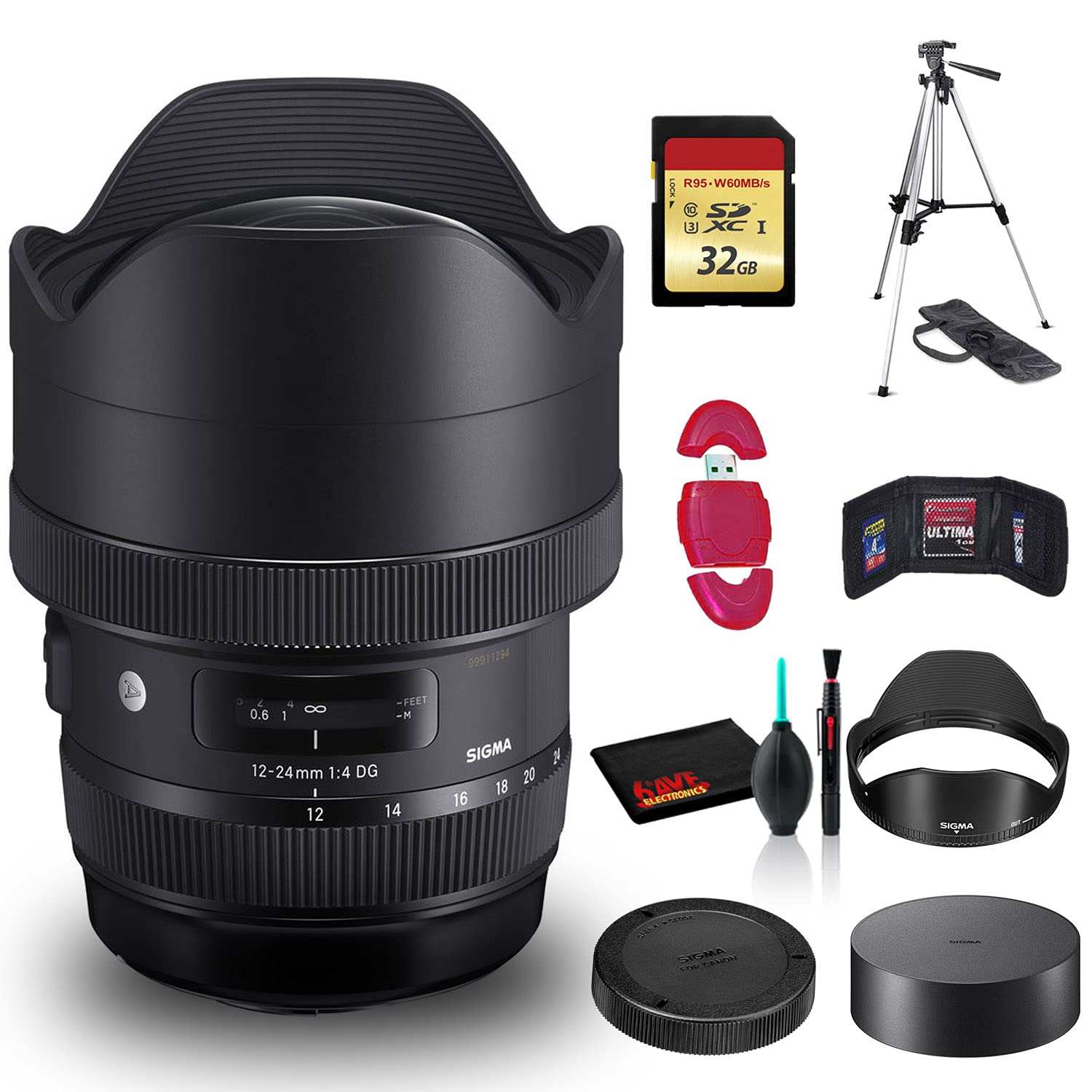 Sigma 12-24mm f/4 DG HSM Art Lens for Nikon F Mount - Ultra Wide Angle Zoom Lens with Cleaning Kit, Tripod & 32GB SD Card - Perfect for Landscape, Architecture and Interior Photography