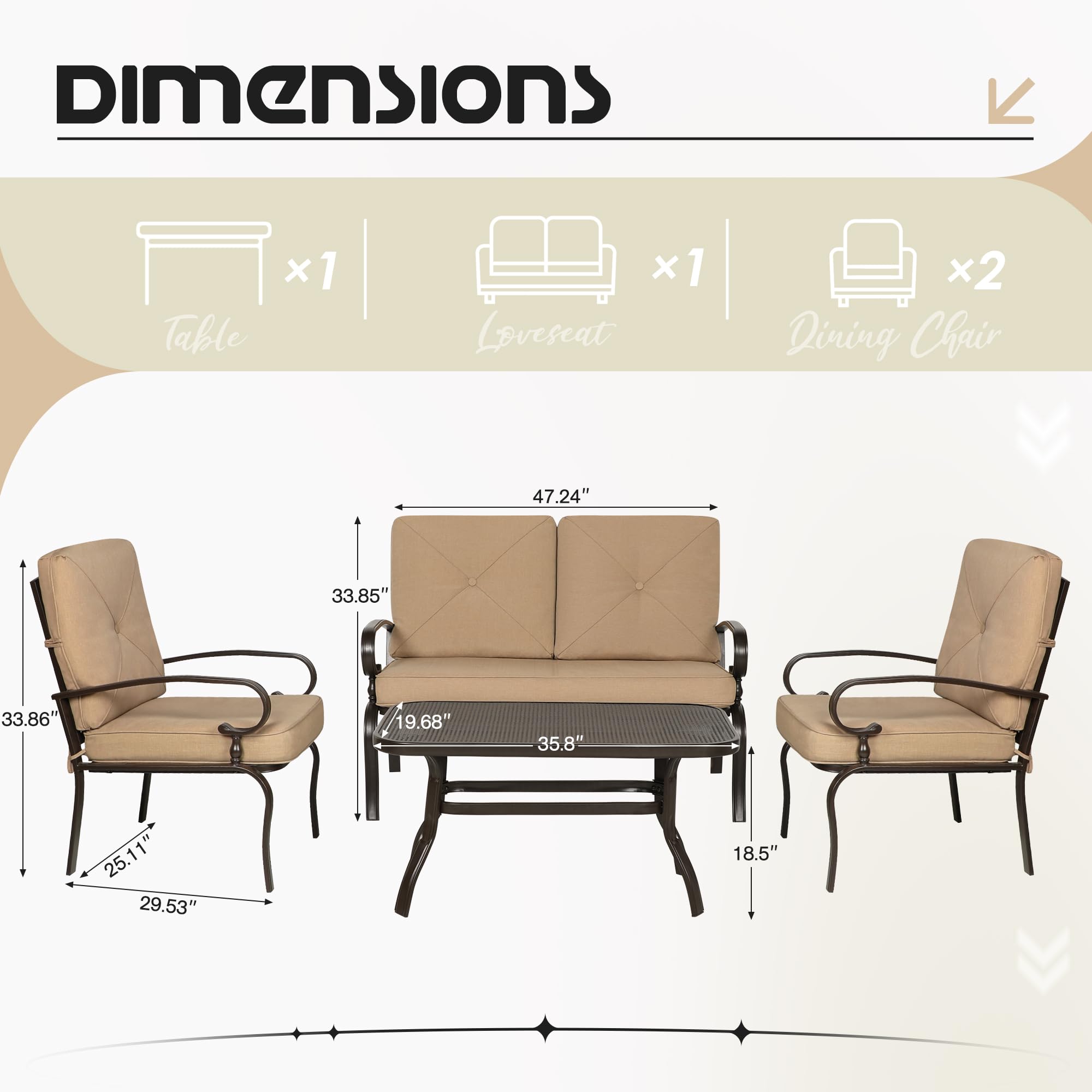 4-Piece Modern Outdoor Patio Furniture Set - Loveseat, 2 Dining Chairs & Coffee Table with Brown Cushions, Metal Bistro Set for Garden, Yard, Balcony | Perfect for Relaxing, Entertaining & Outdoor Dining