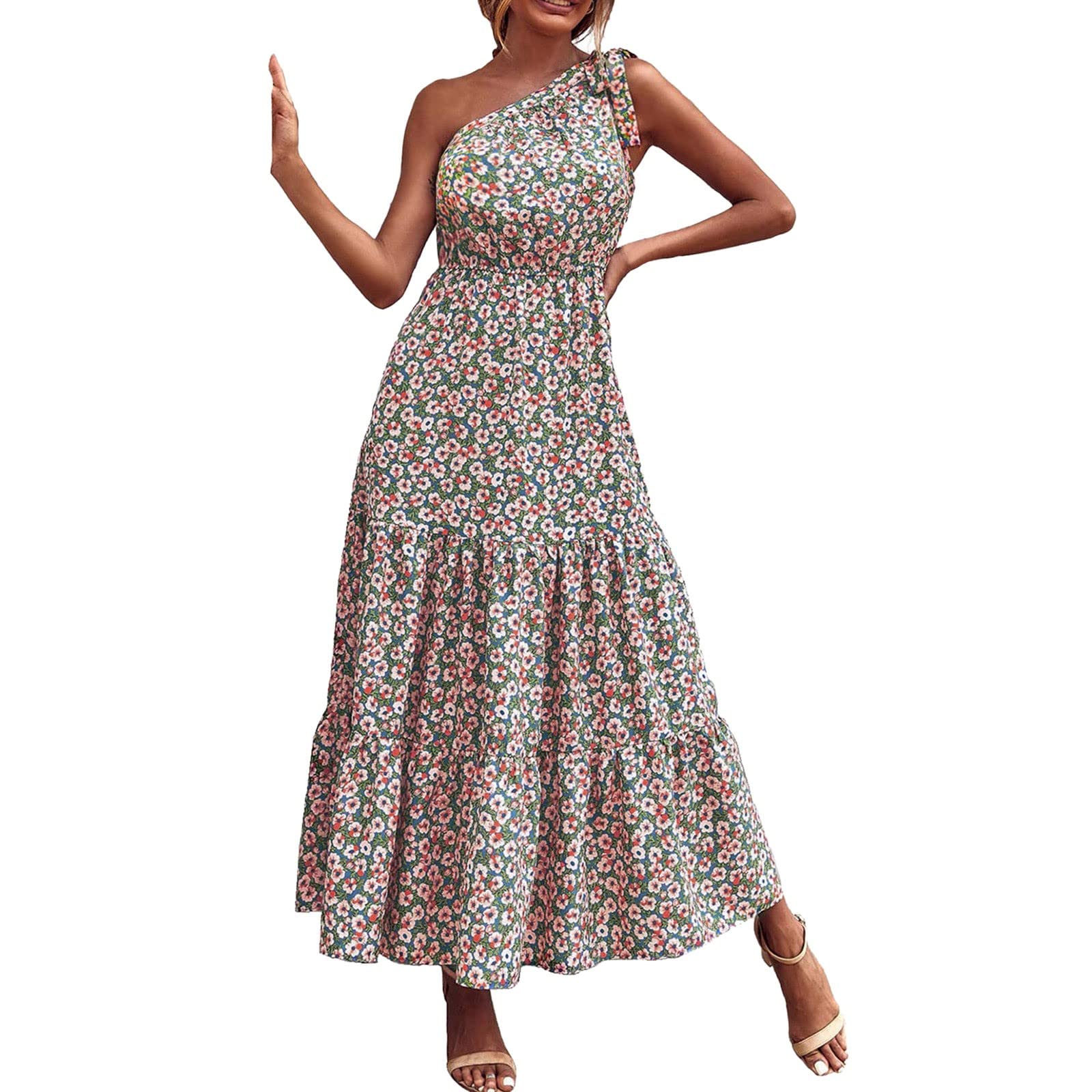 Women's One Shoulder Floral Summer Beach Dress - Sleeveless Ruffled Knot Design for Vacation & Outdoor Parties | Perfect for Poolside, Resort Wear & Tropical Getaways