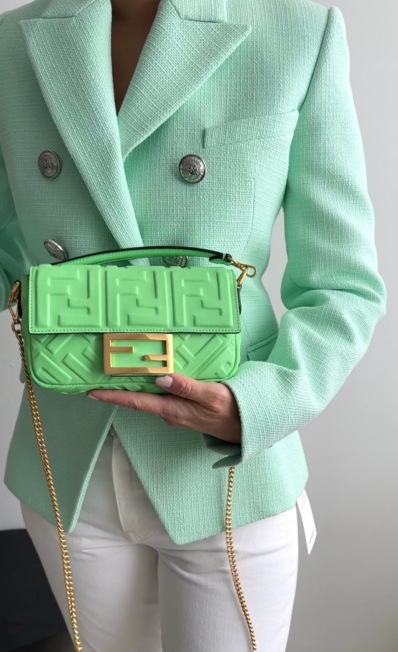 Fendi Edamame Bright Green Embossed Leather Mini Baguette Bag for Women | Luxury Designer Crossbody Purse | Perfect for Parties, Date Nights & Special Occasions