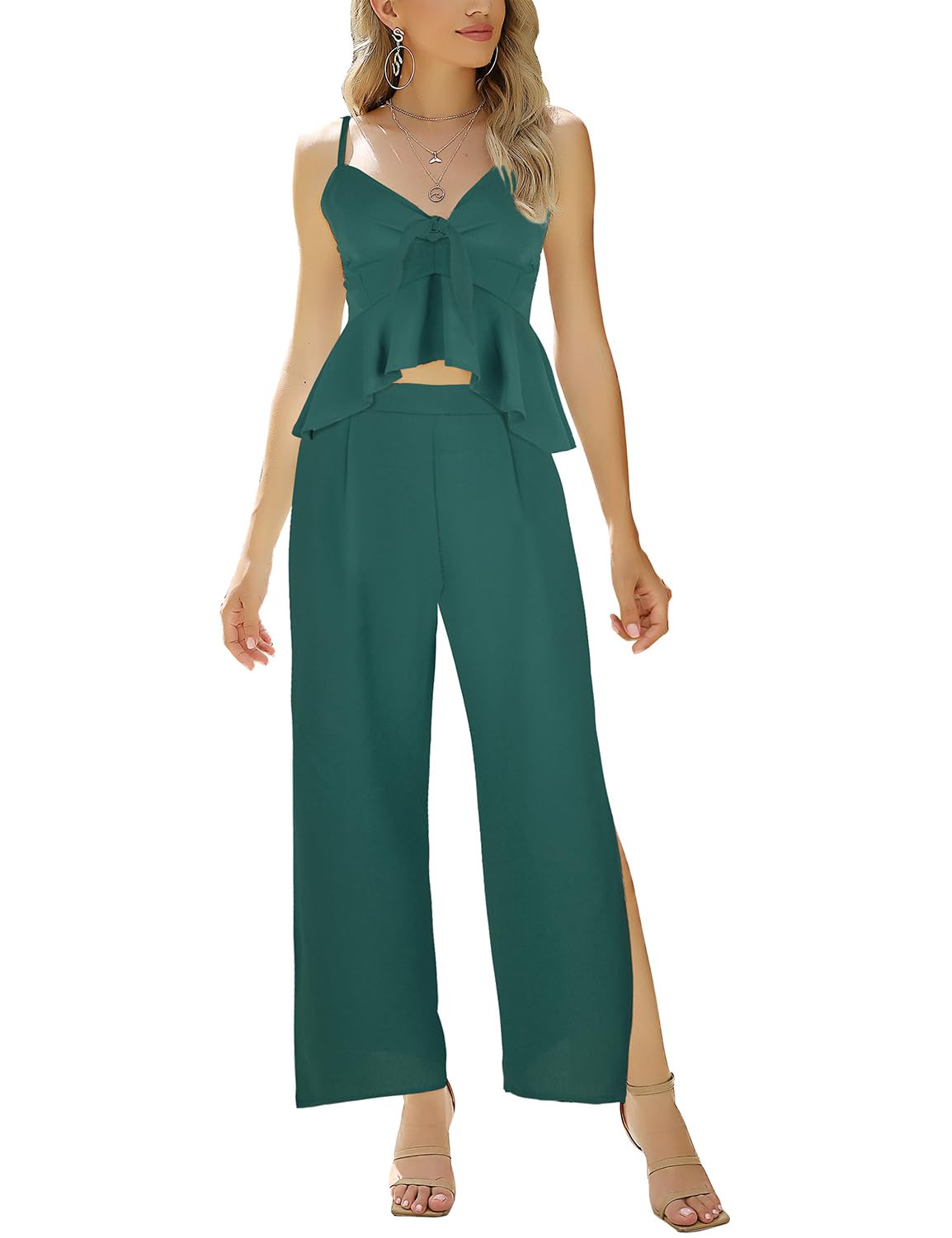 AGQT Women's 2 Piece Jumpsuit Set - Wide Leg Pants & Self Tie Cami Top | Summer Casual Outfit for Beach, Vacation & Streetwear Fashion