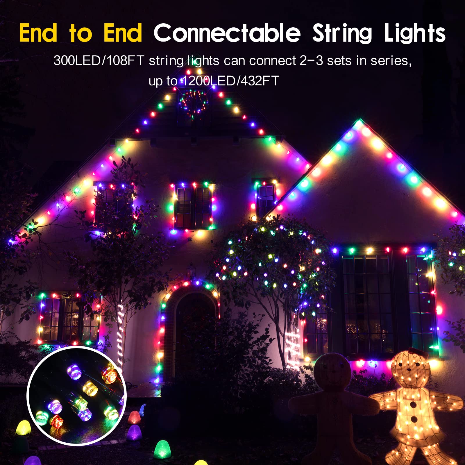 Techip 108FT 300LED Christmas String Lights - Outdoor Indoor Waterproof Fairy Lights with Memory Function, 8 Lighting Modes, Extendable Green Wire - Perfect for Xmas Tree, Holiday Party, Garden, Wedding, Patio & Home Decor