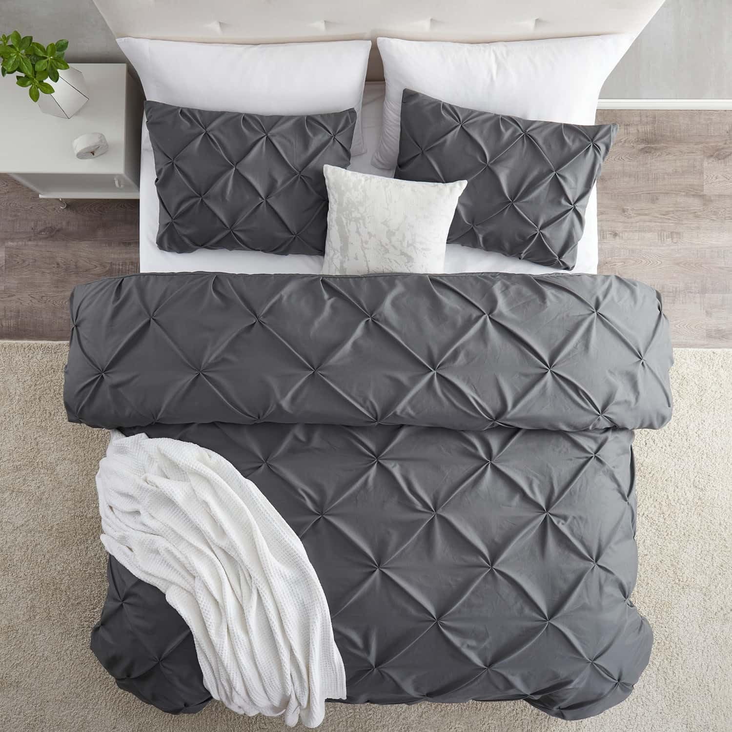 Luxury Grey Queen Size 3-Piece Duvet Cover Set - Ultra Soft Microfiber Pintuck Comforter Cover with Button Closure (90x90 Inches) & 2 Matching Pillow Shams - Pinch Pleated Bedding for Master Bedroom, Guest Room & Cozy Home Decor