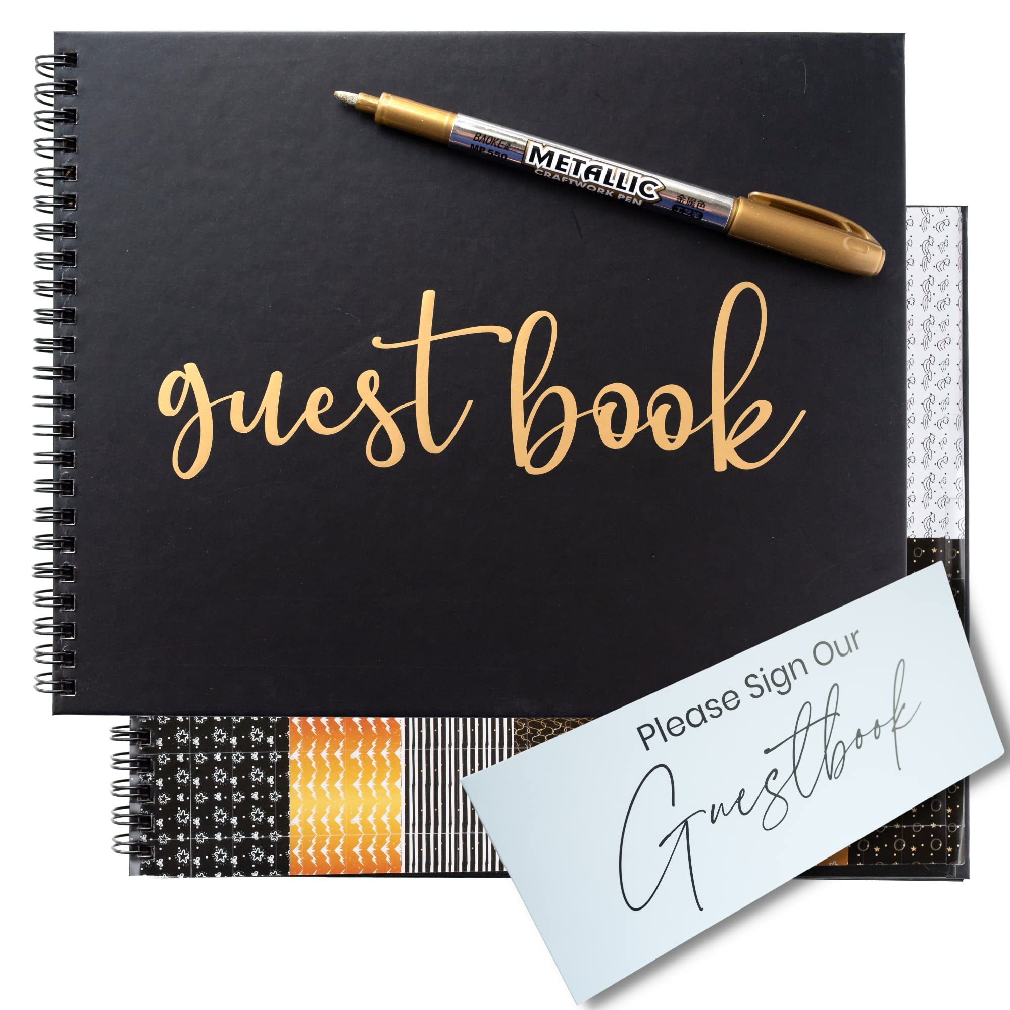 Elegant Black Guest Book for Funerals, Weddings, Graduations & Special Events - Spiral Hardcover with Blank Pages for Polaroid Photos, Baby Showers & Vacation Homes (10x8
