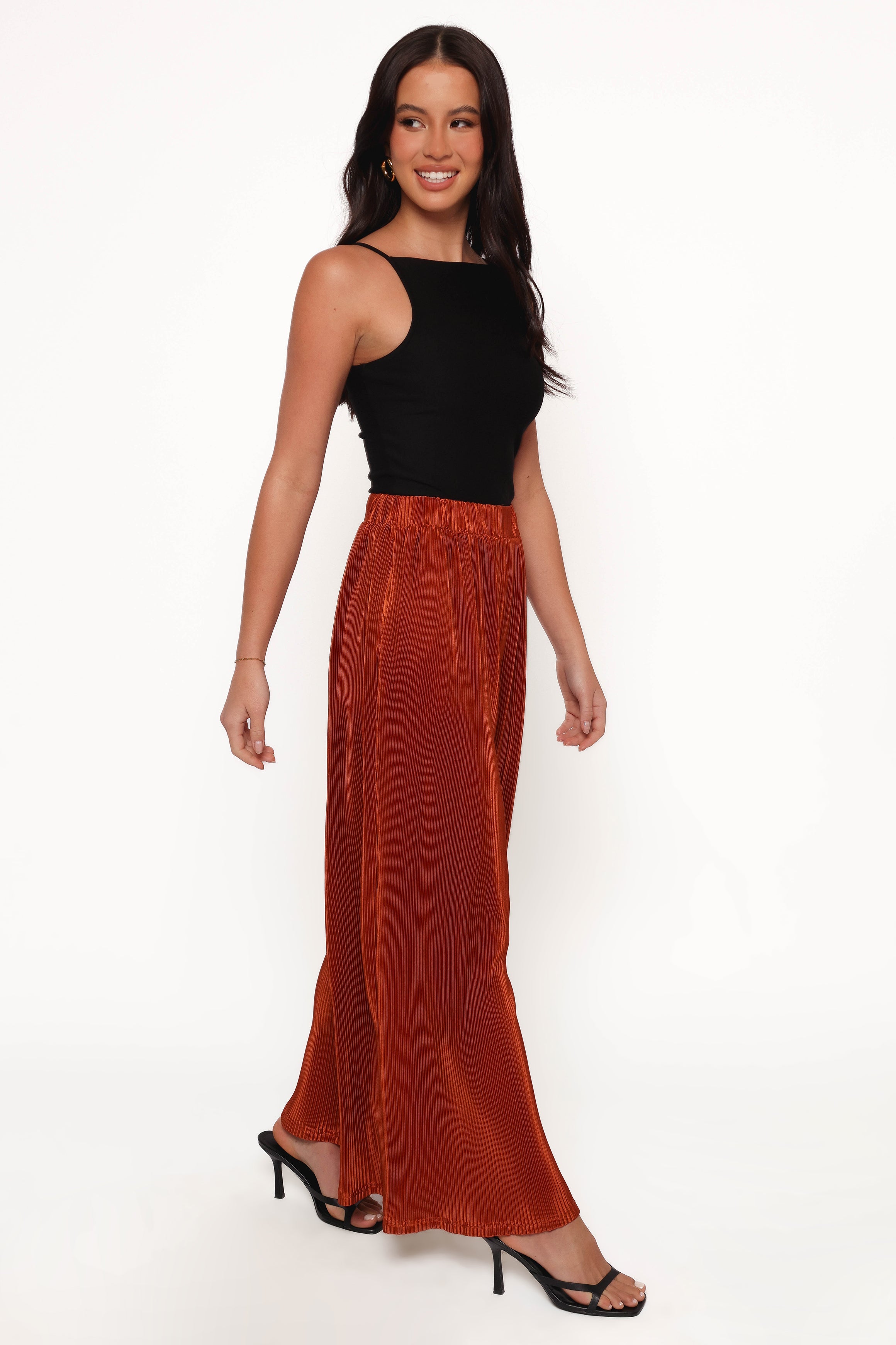 Leria Wide Leg Pants for Women - High Waisted Flowy Palazzo Trousers in Burnt Orange - Perfect for Casual Wear, Office Outfits & Boho Chic Style