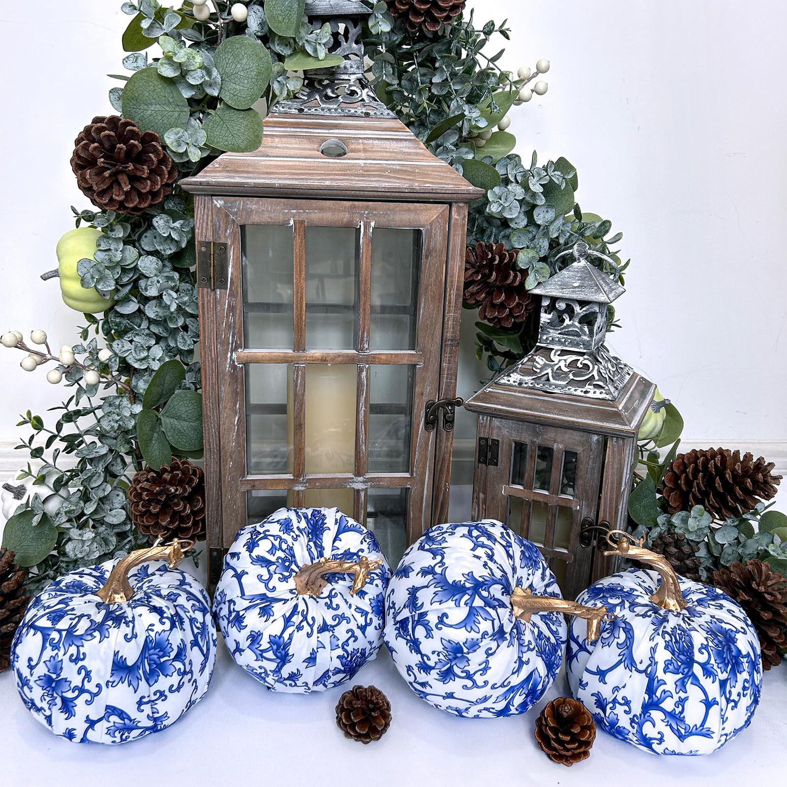 Winlyn 4-Piece Blue and White Faux Fabric Pumpkins Set - Chinoiserie Chic Fall Decor for Thanksgiving, Halloween, Weddings - Perfect for Farmhouse Table Centerpieces, Mantel Displays & Bowl Fillers