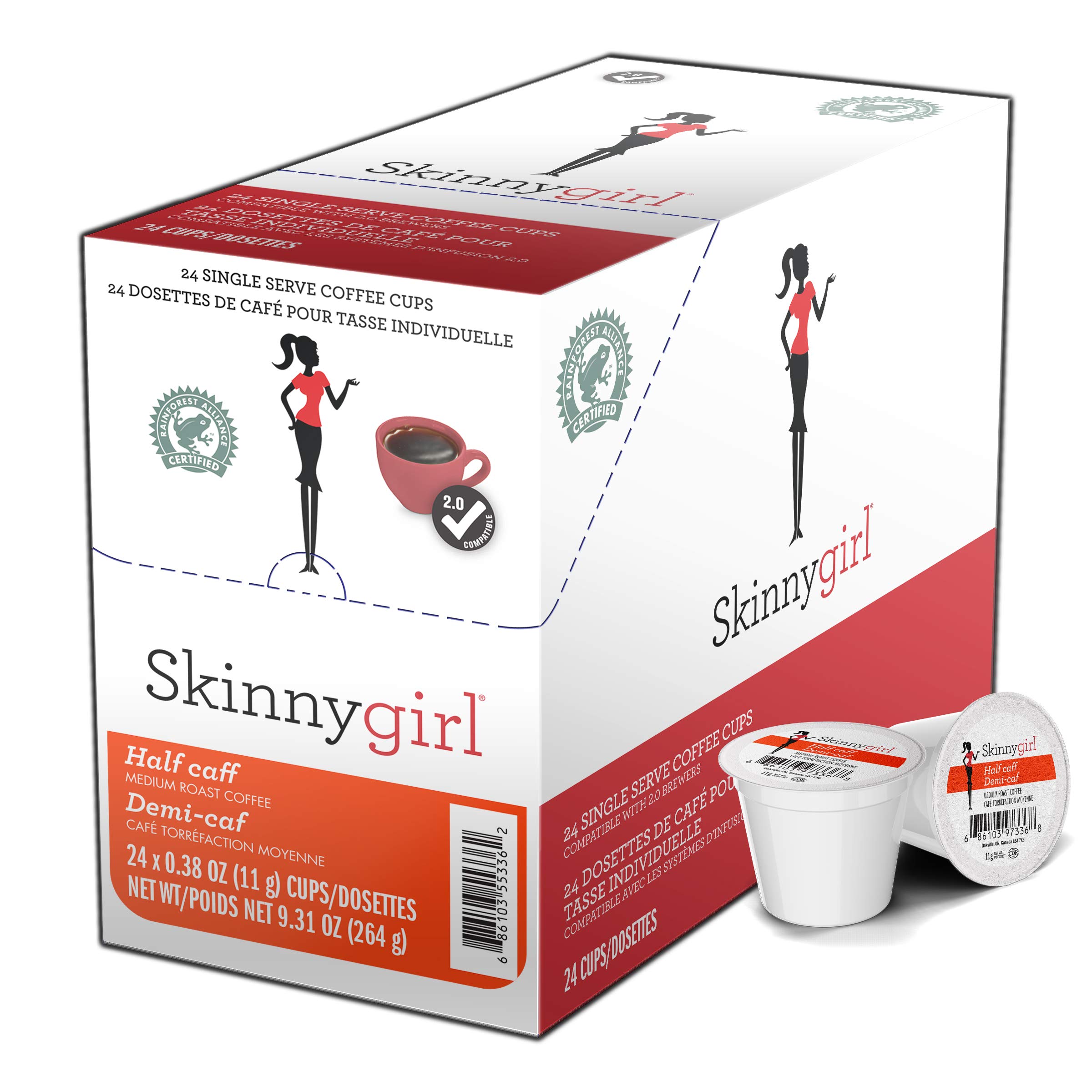 Skinnygirl Half Caff Coffee Pods for Keurig K-Cup Brewers - 24 Count (0.38 oz/11g Each) - Light Roast Single Serve Coffee for Home, Office & Morning Energy Boost