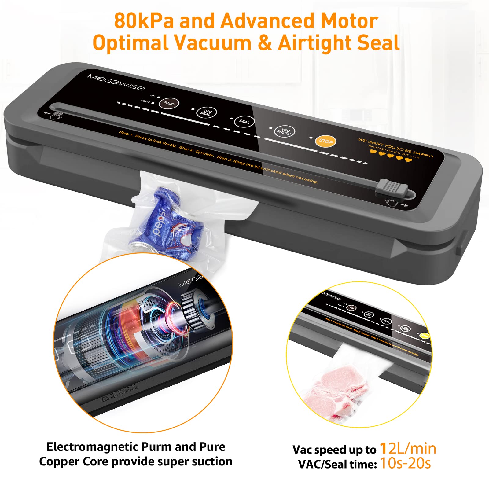 MegaWise Vacuum Sealer Machine with 80kPa Strong Suction - Includes Bags & Cutter (8