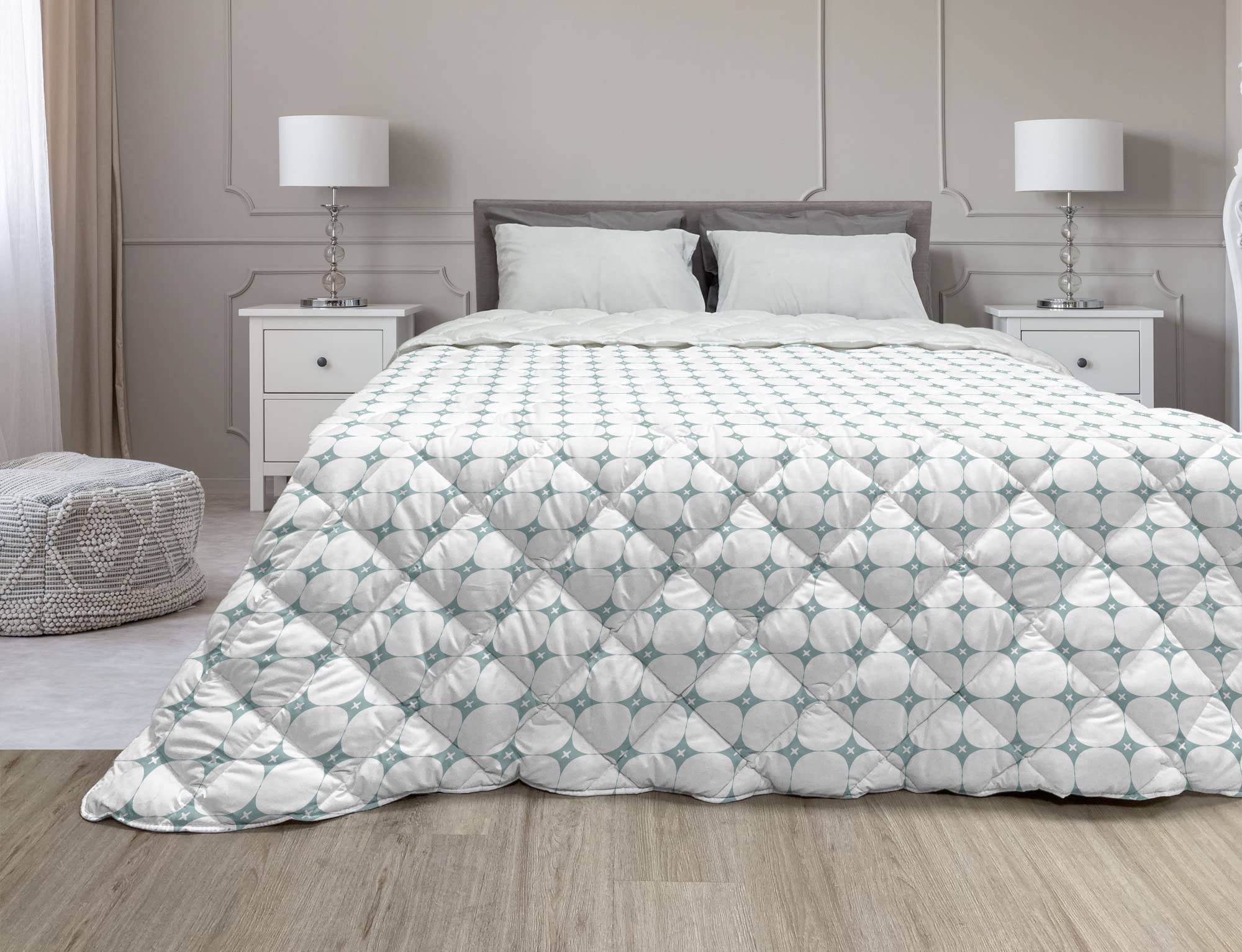 Ambesonne Abstract Down Alternative Comforter - Geometric Circular Angled Squares Design - Contemporary Minimalist Microfiber Quilt - All Season Twin Size Bedding - Pale Teal & White - Perfect for Modern Bedrooms & Guest Rooms