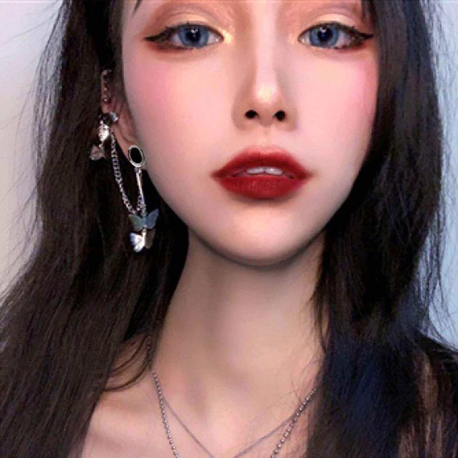 1 Pair Hip-Hop Ear Tunnels Plugs with Long Chain & Ear Cuff - Cool Bone Clip Earrings for Women - Trendy Party Jewelry - Perfect for Ear Piercing & Night Out Accessories