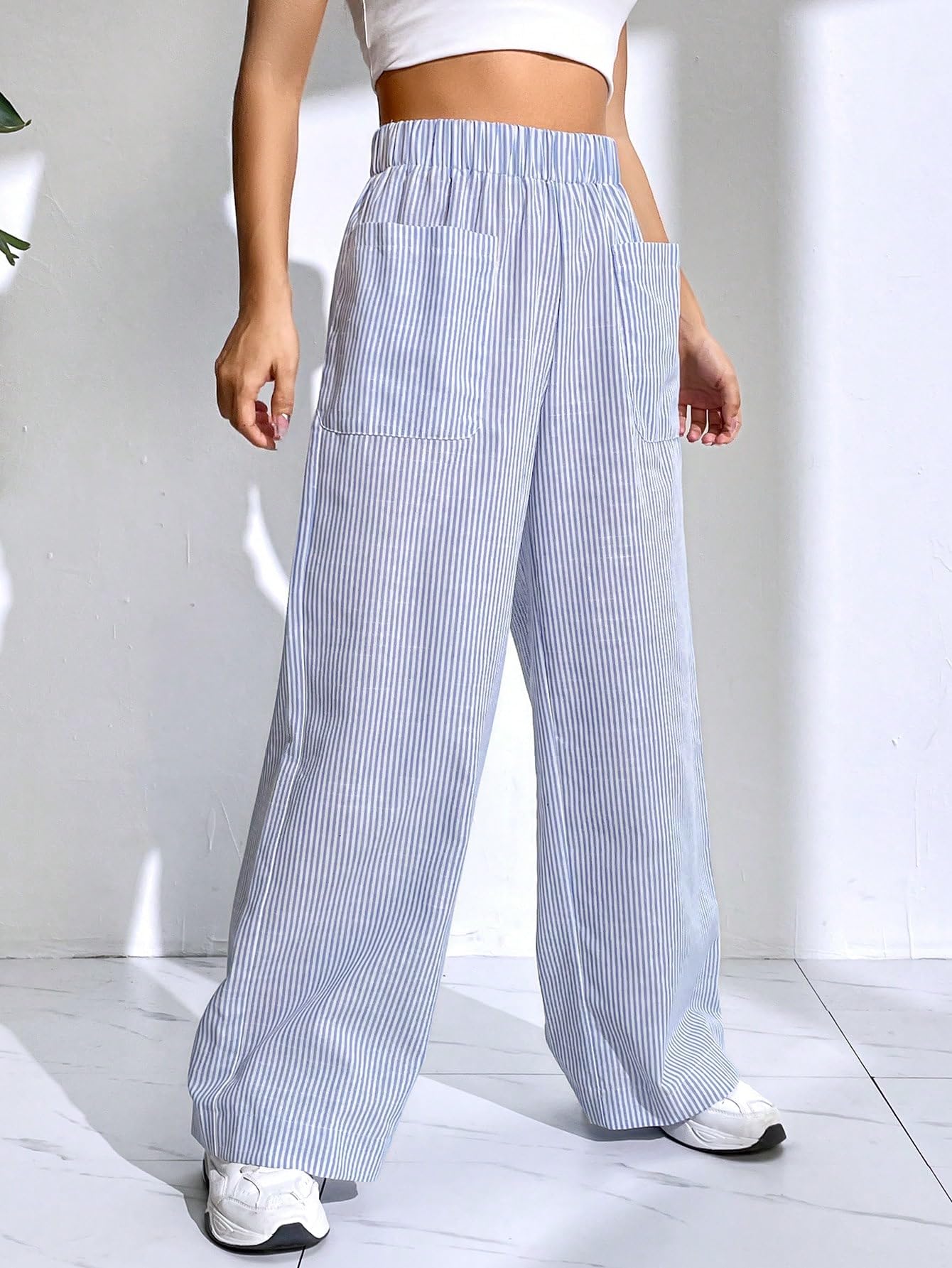 Floerns Women's Striped High Waist Wide Leg Pants with Pockets - Stretchy Comfort for Work, Travel & Casual Outfits