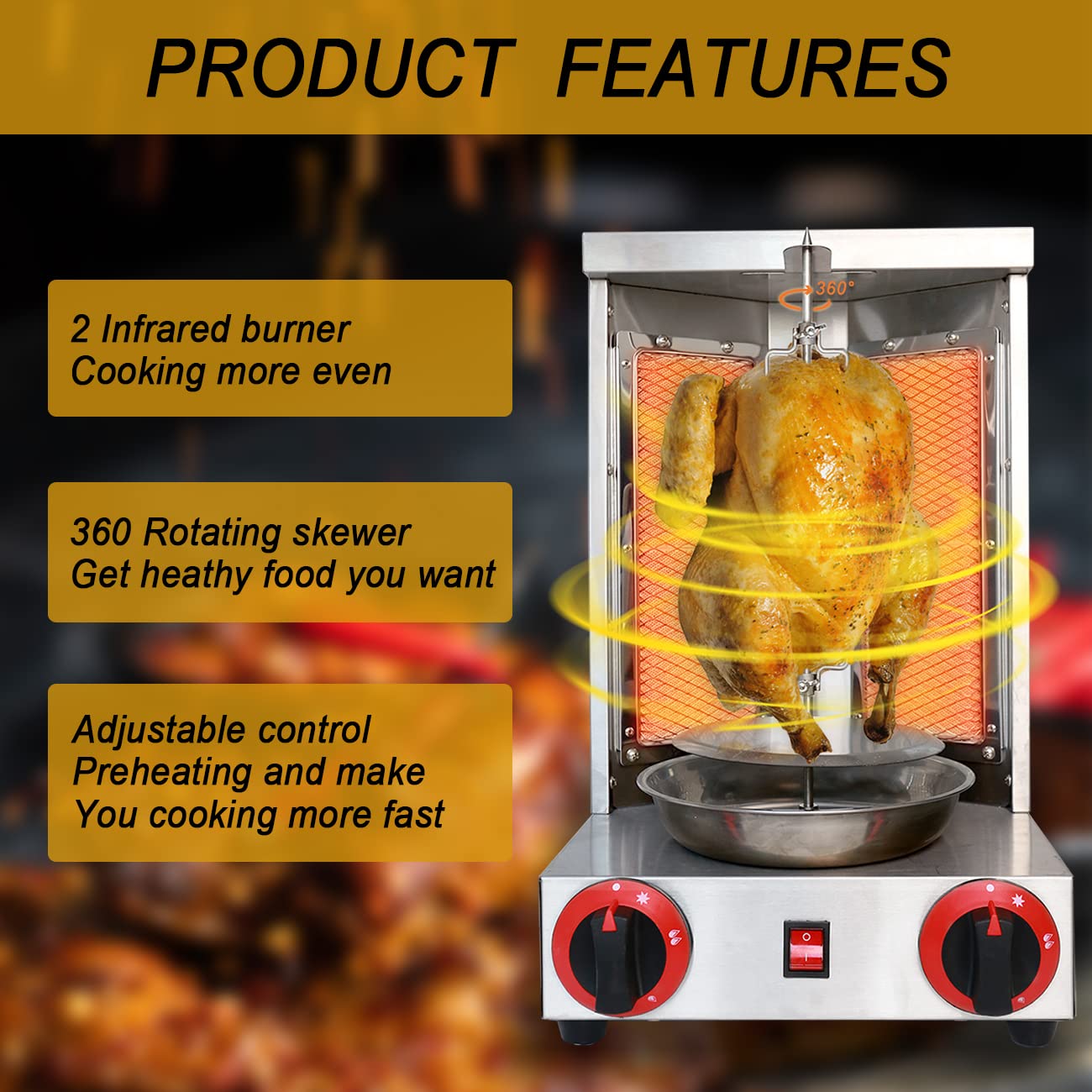 Li Bai Commercial Shawarma Machine - 110V Doner Kebab Grill with 2 Burners, Stainless Steel Vertical Rotisserie Broiler for Gyro, Chicken & Meat - Perfect for Restaurants, Food Trucks & Home Kitchens (Propane Gas Powered)