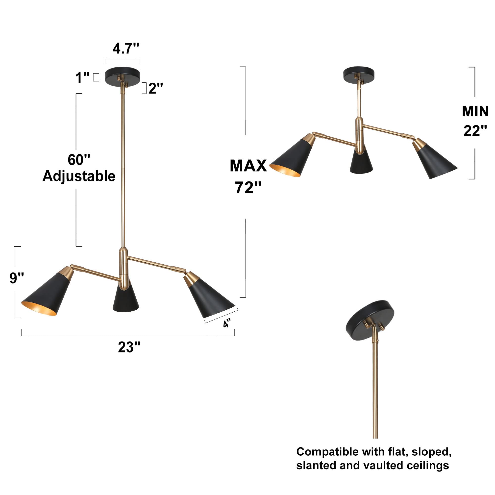 Modern Black & Gold 3-Light Chandelier with Copper Brass Finish - Elegant Hanging Metal Light Fixture for Dining Room, Living Room, Bedroom, Kitchen & Foyer | Perfect for Home Decor, Wedding Venues & Restaurant Lighting