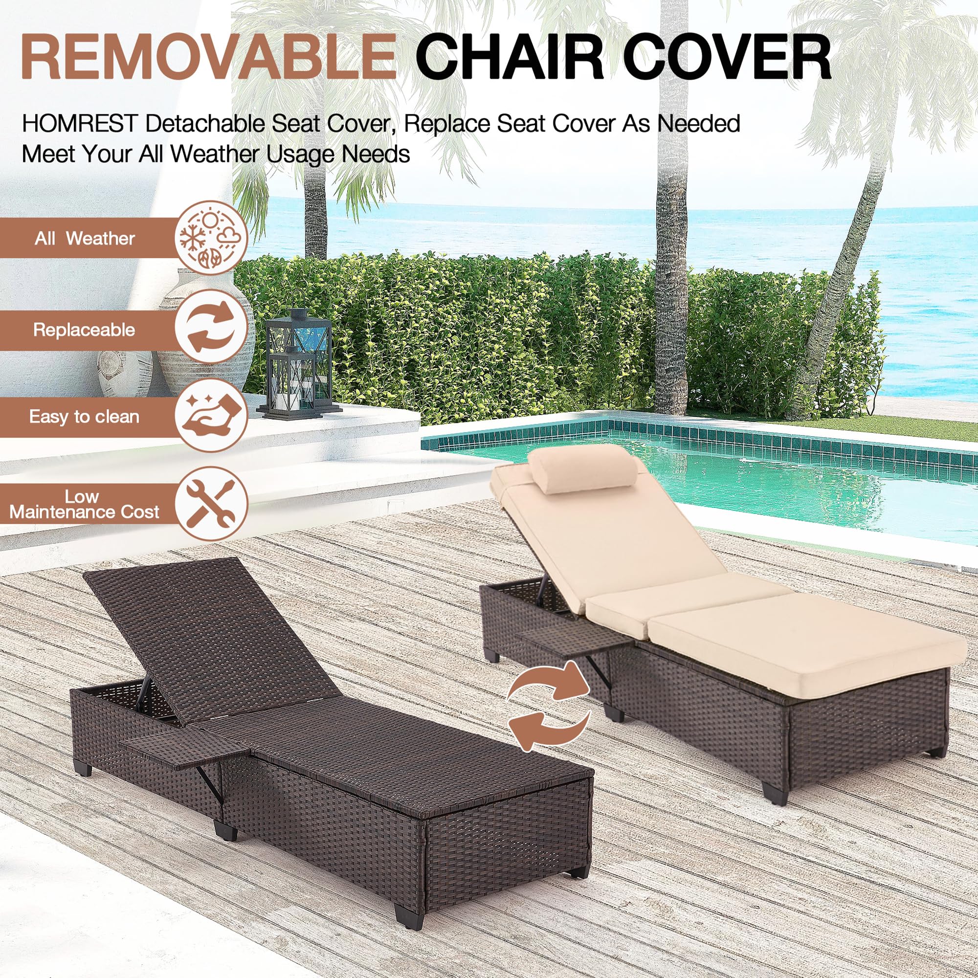 HOMREST 2-Piece PE Wicker Patio Lounge Chair Set with Adjustable Headrest & Soft Cushions - 5 Reclining Positions, Storage Rack - Outdoor Chaise Lounge for Poolside, Backyard, Garden Relaxation (Khaki)