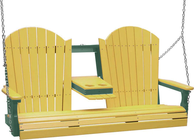 LuxCraft 5ft Yellow Adirondack Porch Swing - Recycled Plastic Outdoor Furniture with Cup Holder | Perfect for Patio, Garden, Backyard Relaxation