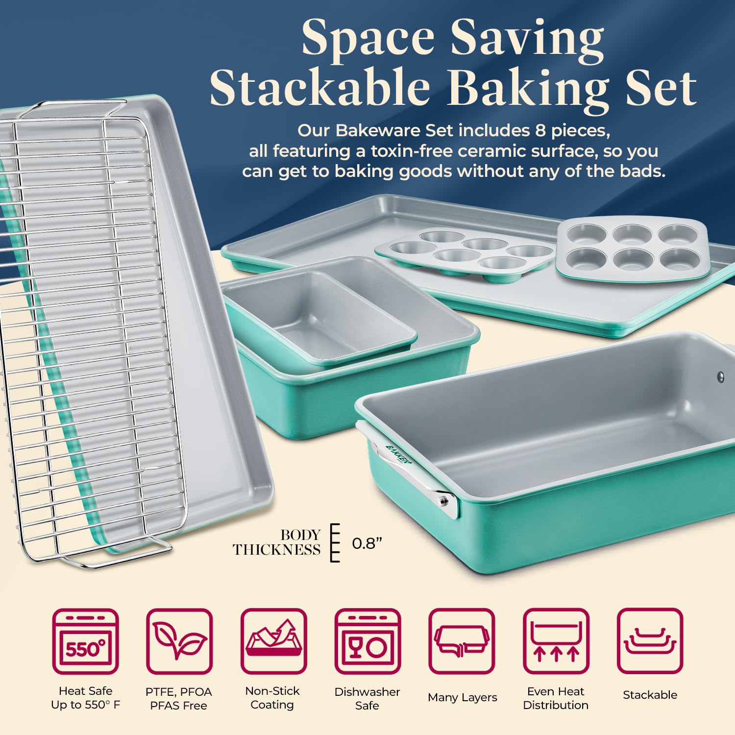 Bakken 8-Piece Non-Tick Ceramic Bakeware Set - Oven-Safe Stackable Baking Sheets & Pans with Cooling Rack - PTFE/PFOA/PFOS-Free, Ergonomic Handles - Healthy Baking Essentials for Cakes, Cookies, Bread & More - Perfect for Home Bakers & Holiday Cooking