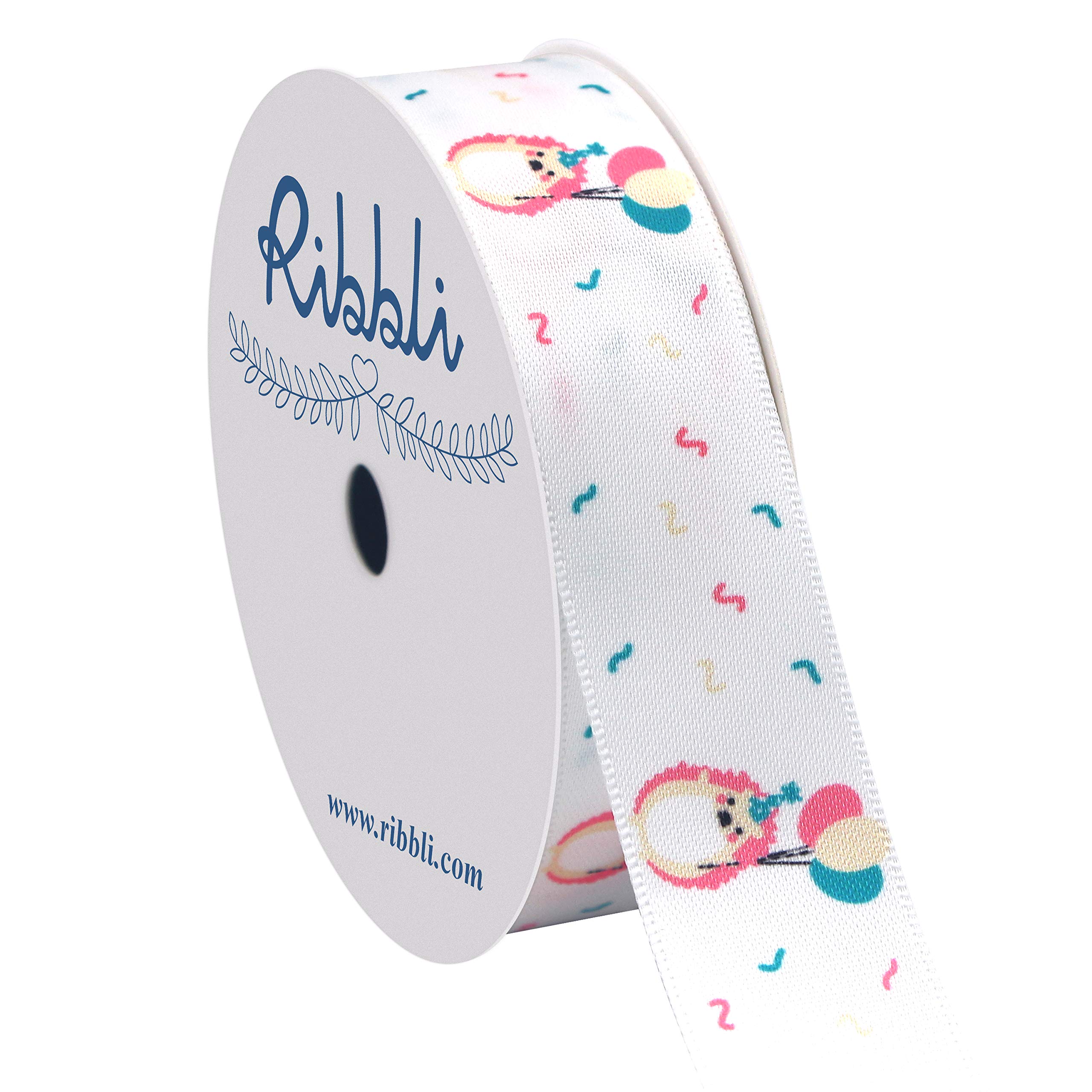Ribbli Satin Hedgehog Balloon Birthday Ribbon - 7/8-Inch x 10-Yard Roll - Green, Pink, White & Black Colors - Perfect for Hair Bows, Wreaths, Gift Wrapping, Baby Showers & Party Decorations - Great for DIY Crafts, Sewing Projects & Diaper Cake Decor