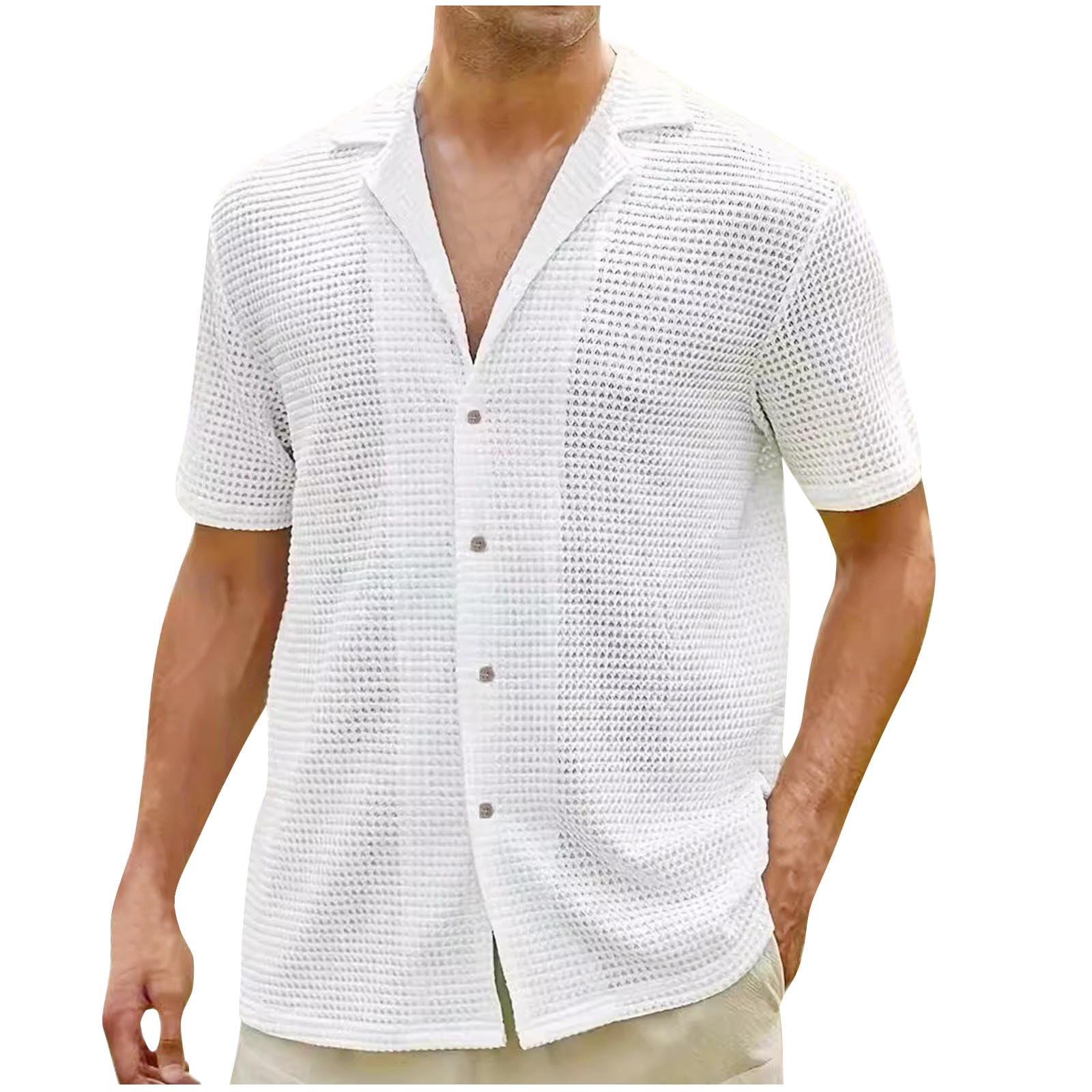 Men's Waffle Knit Short Sleeve Button Down Shirt - Breathable Hawaiian Beach Shirt with Sheer Hollow Out Design | Perfect for Summer Vacation, Pool Parties & Casual Outings