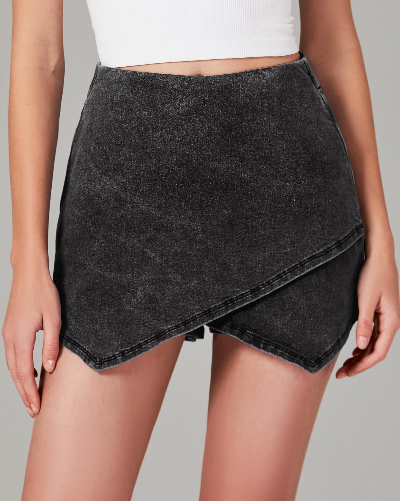 Luvamia Women's High Waisted Stretchy Denim Skorts - Pull On Wrap Skirt with Built-in Shorts, Asymmetrical Trendy Design for Casual Wear, Summer Outfits & Outdoor Activities