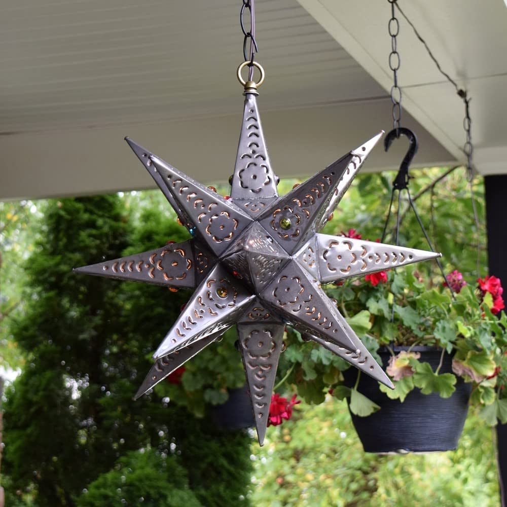 12 Inch Moravian Hanging Tin Star Light with Flower Cut Design and Glass Marbles - Christmas Decor, Holiday Home Lighting, Outdoor Patio Decoration