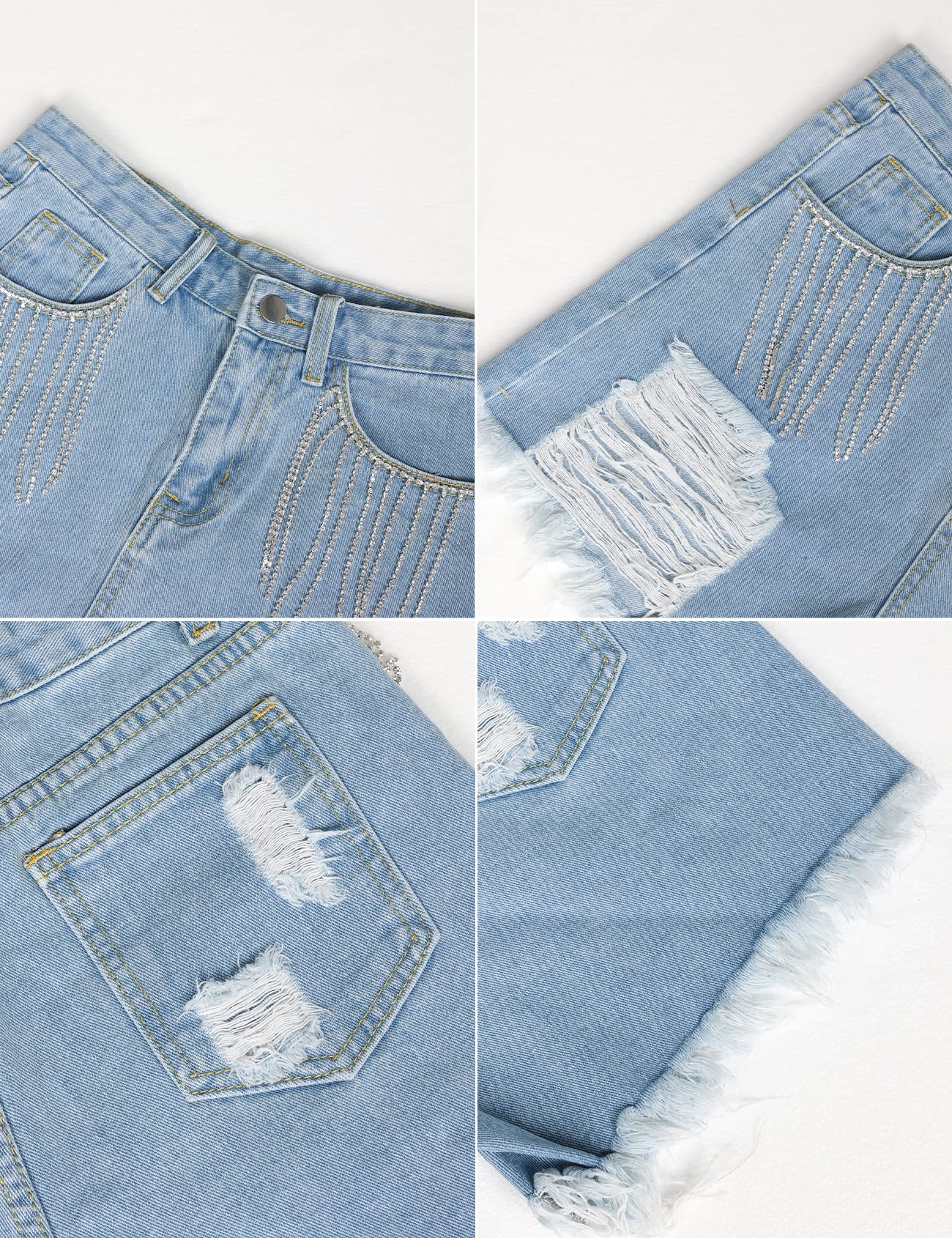 Women's Rhinestone Distressed Denim Shorts - Mid Rise Ripped Hem Fringe Jeans with Tassels | Casual Summer Outfit, Beach Party, Music Festival Fashion